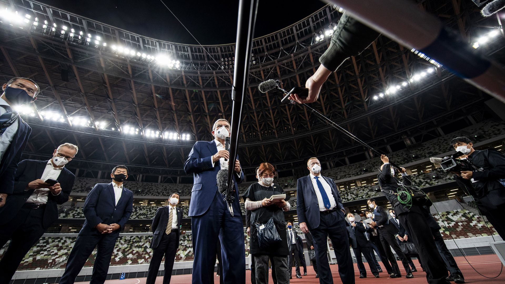 IOC President Thomas Bach speaks Nov. 17 at Tokyo's New National Stadium, the main Olympics venue.