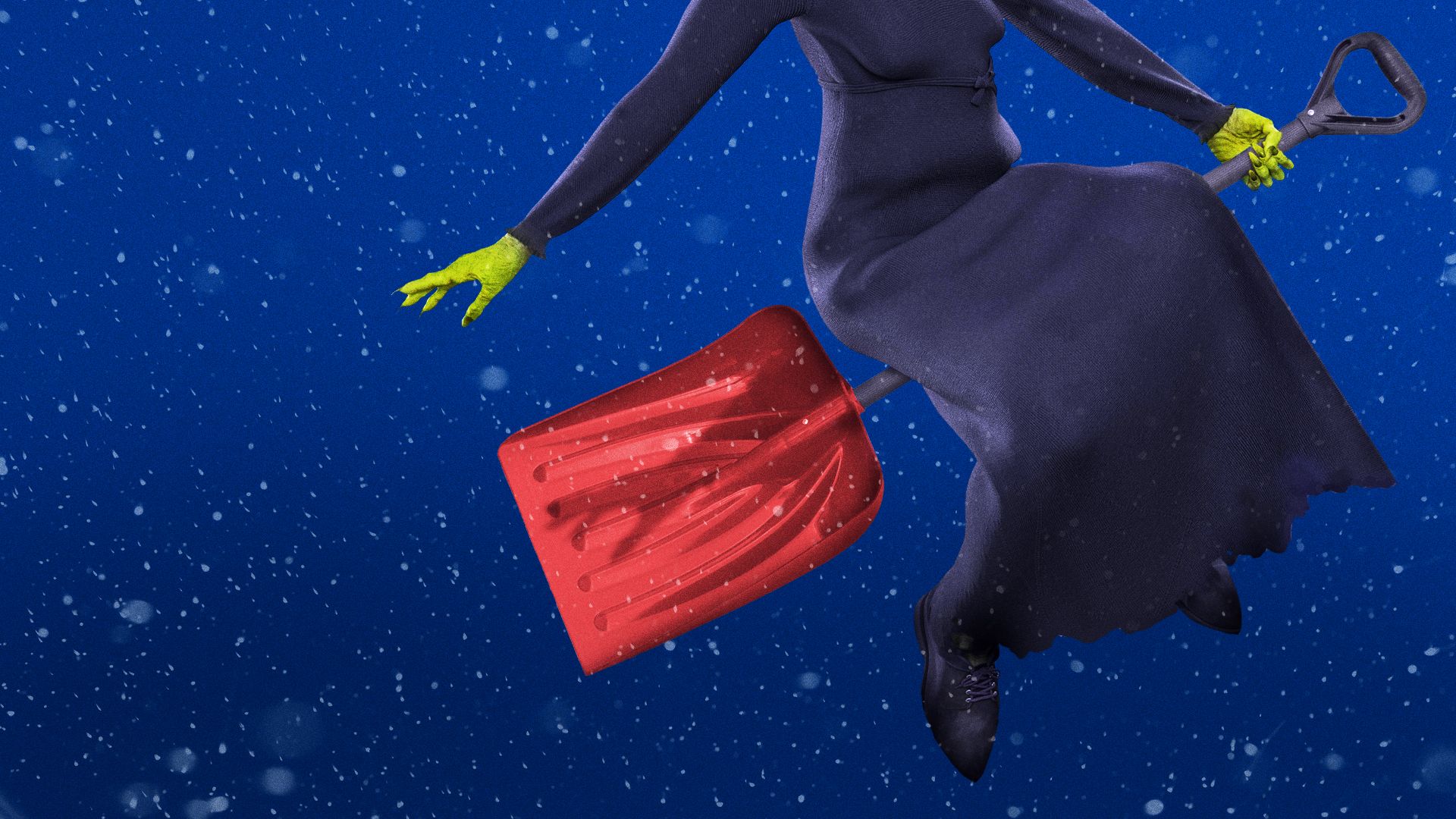 Illustration of a witch riding a snow shovel instead of a broom. 