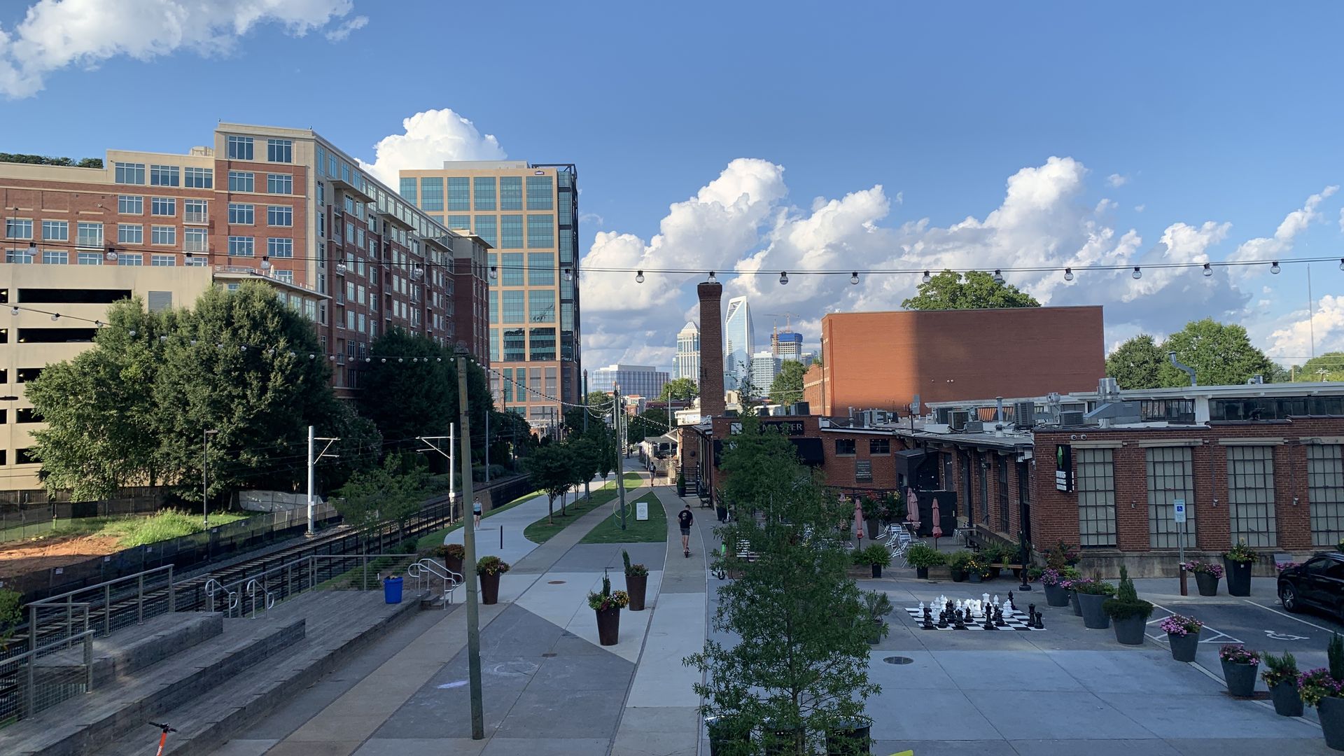 View of Charlotte skyline and lightrail in south end