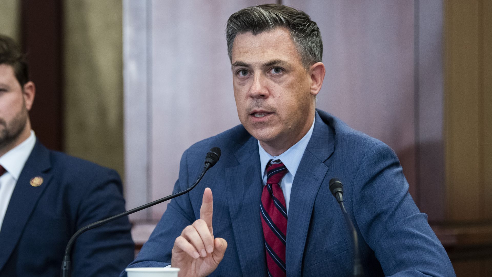  Rep. Jim Banks, R-Ind., makes remarks during a roundtable discussion with House Republican ranking members and veterans 