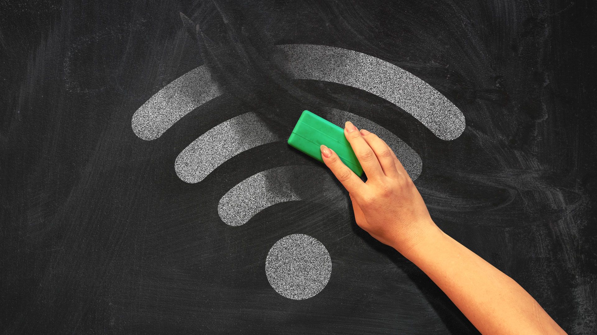 Illustration of hand erasing blackboard with the wifi symbol.