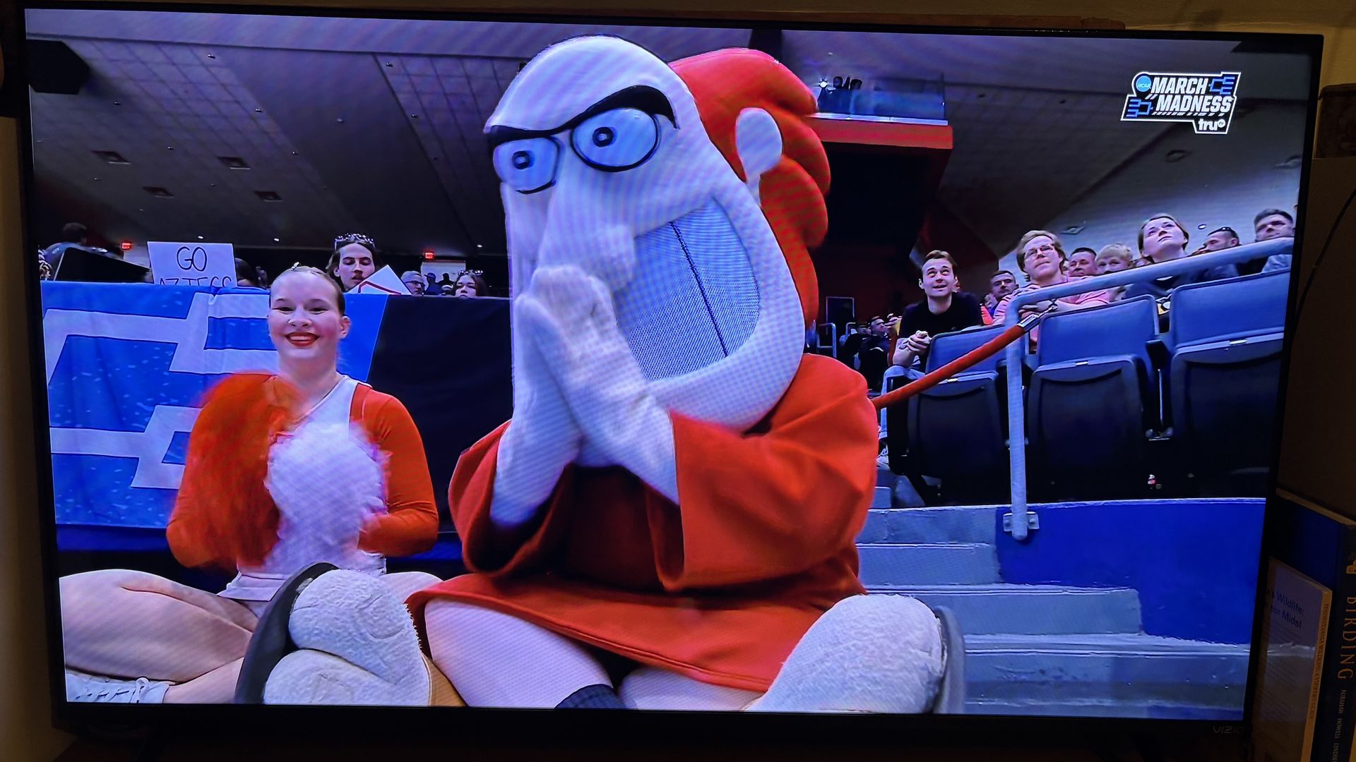 Saint Francis University mascot Frankie Friar during the men's basketball team's First Four game in March. Photo taken from a television screen
