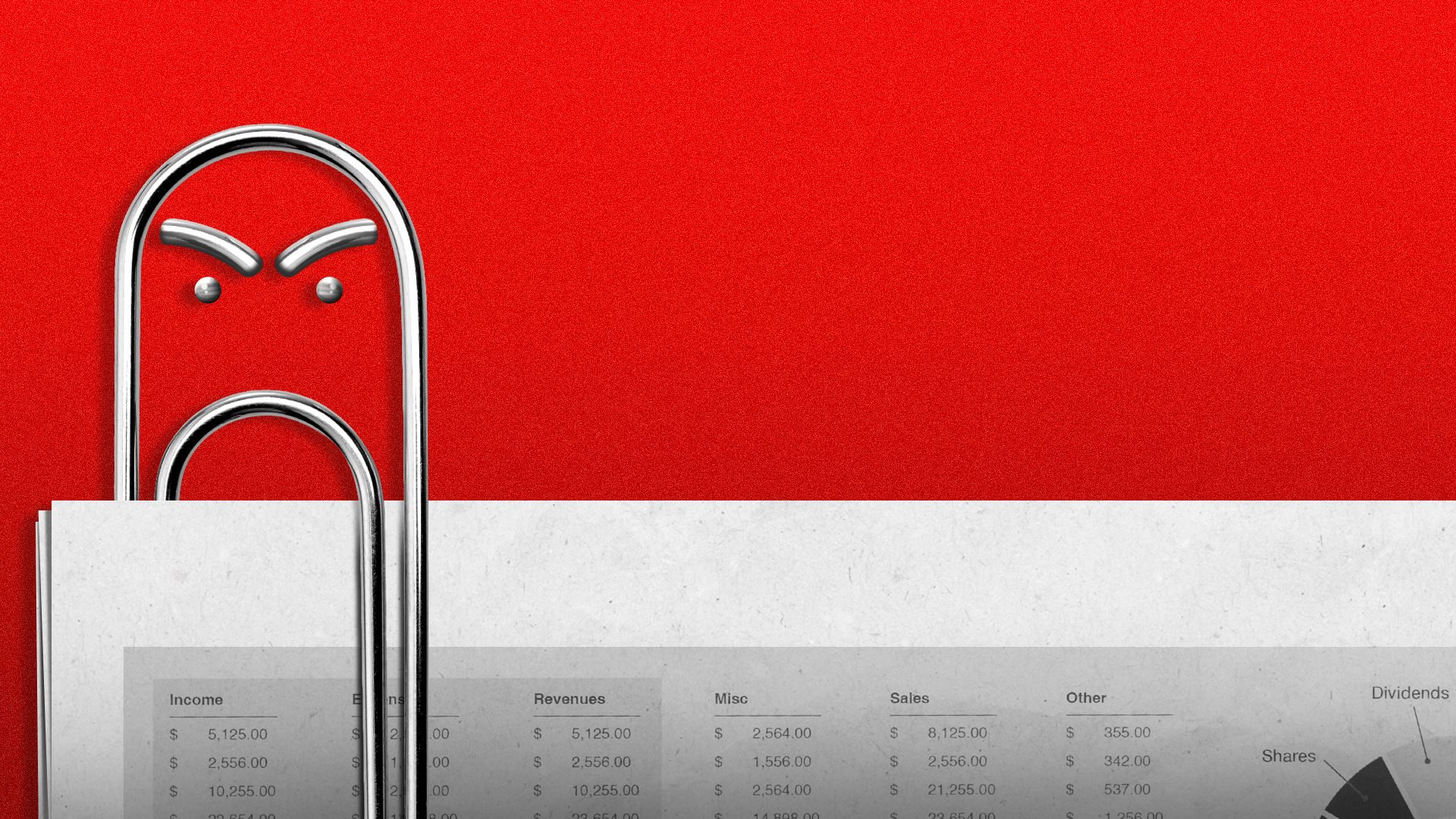 Illustration of a paperclip with an angry face holding together papers of a financial report