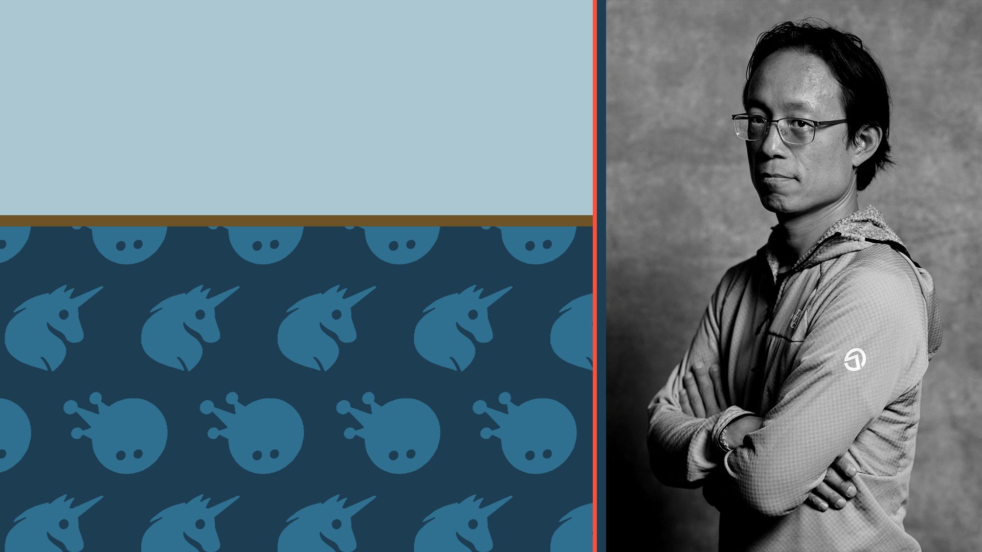 Photo illustration of Yat Sui collaged with the Animoca Brands logo.