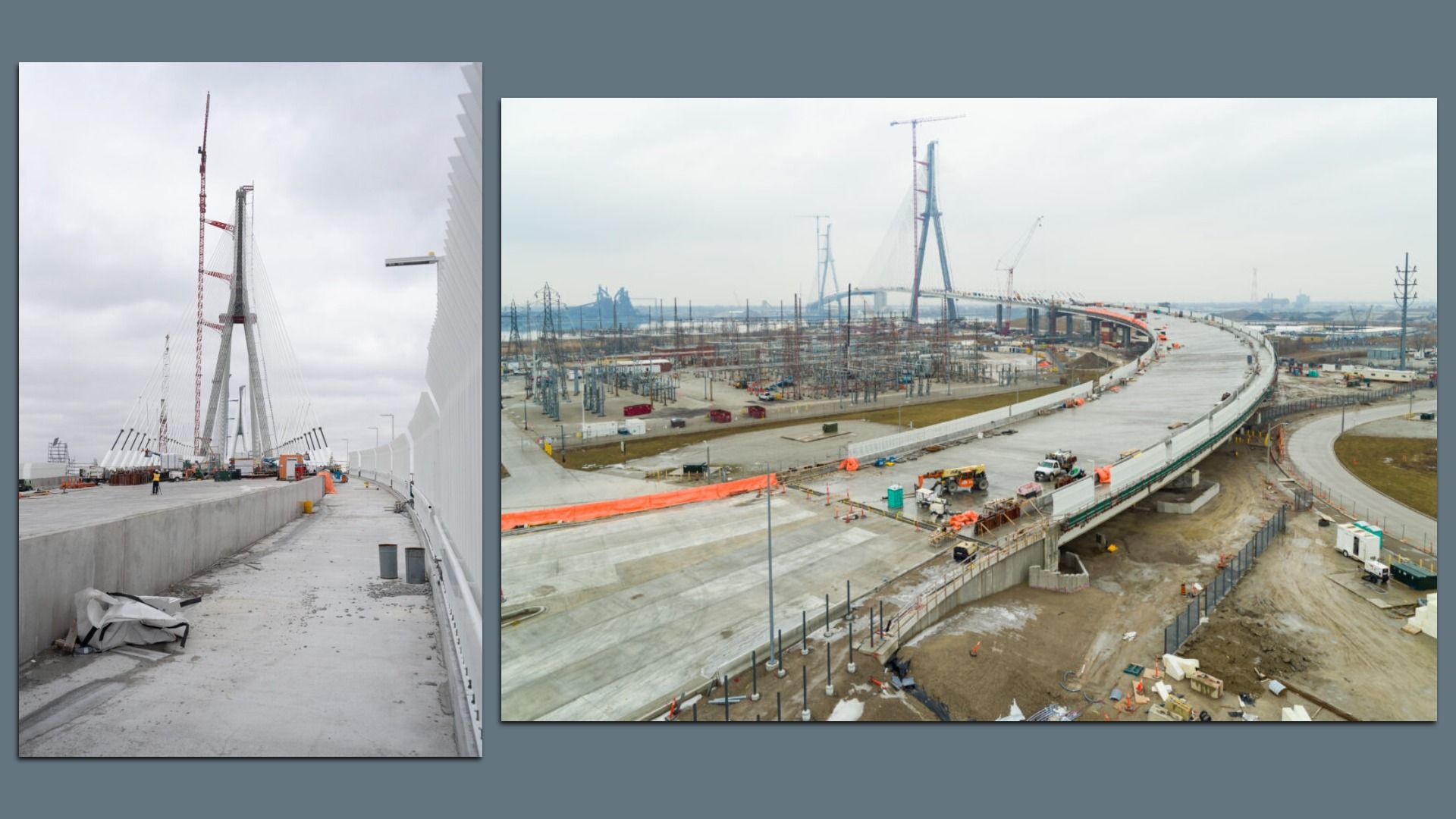 Two photos of bridge construction, showing the pedestrian path