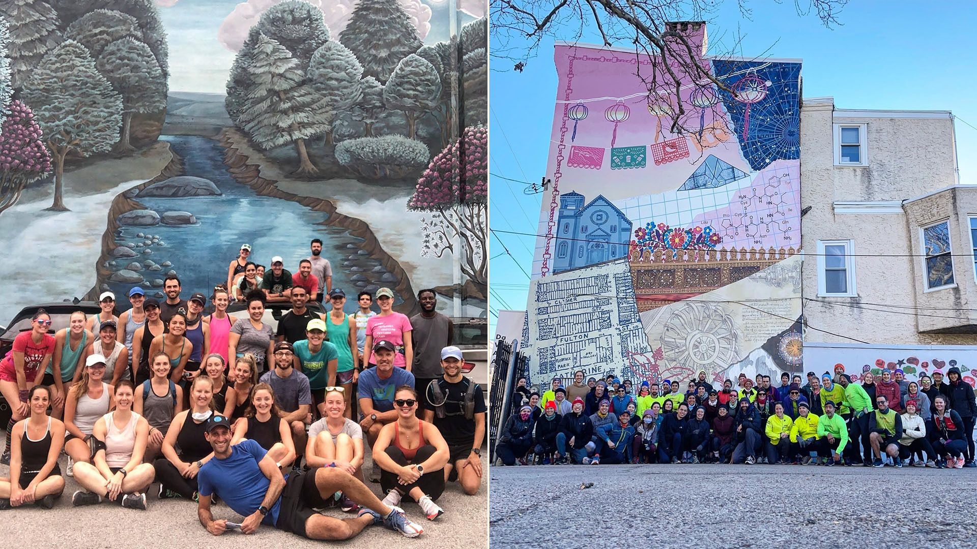 Two side-by-side photos of groups of runners posing in front of Philadelphia murals.