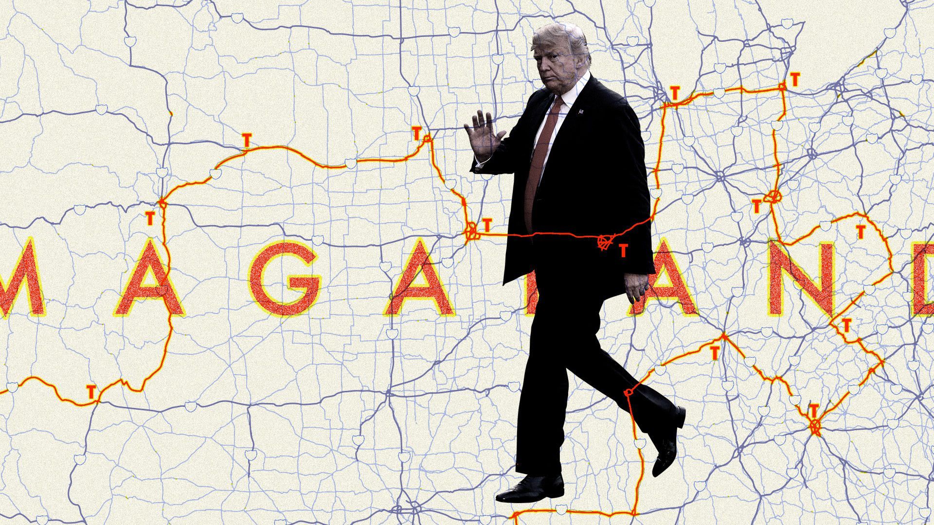Illustration of Trump walking on a map. 