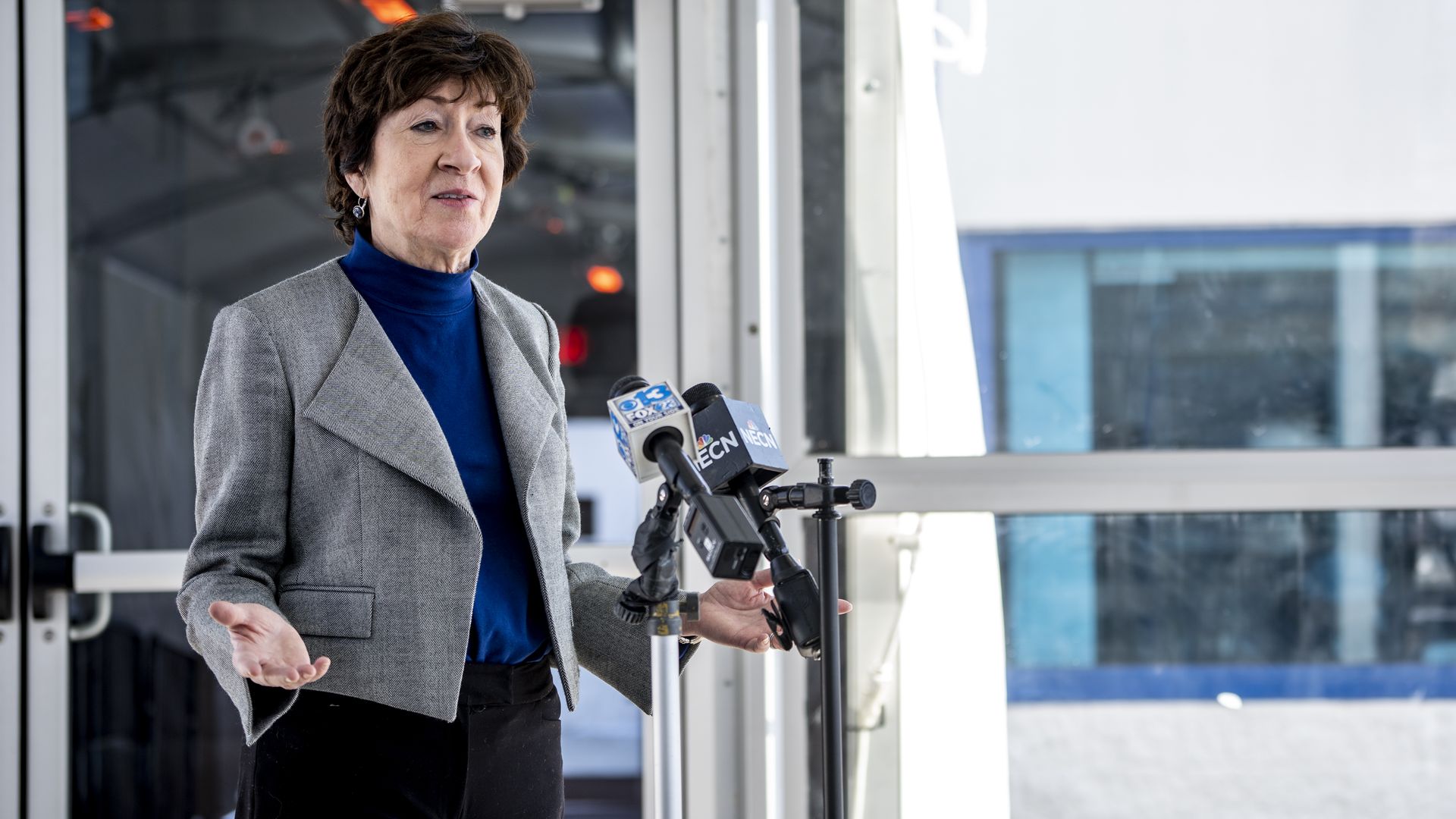 Senator Susan Collins (R-ME) briefs the press after touring the Abbott Coronavirus (COVID-19) Test Manufacturing Plant on January 26, 2022 in Westbrook, Maine