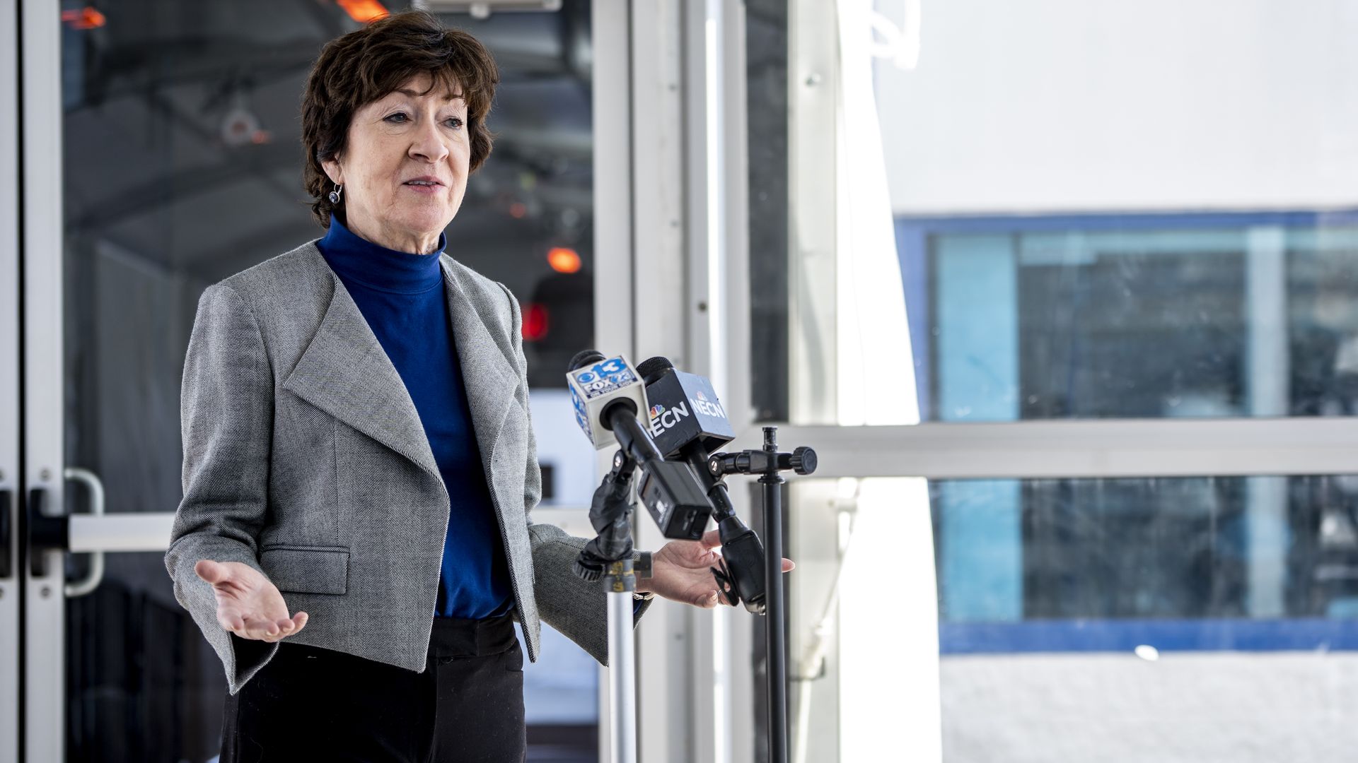 Senator Susan Collins (R-ME) briefs the press after touring the Abbott Coronavirus (COVID-19) Test Manufacturing Plant on January 26, 2022 in Westbrook, Maine