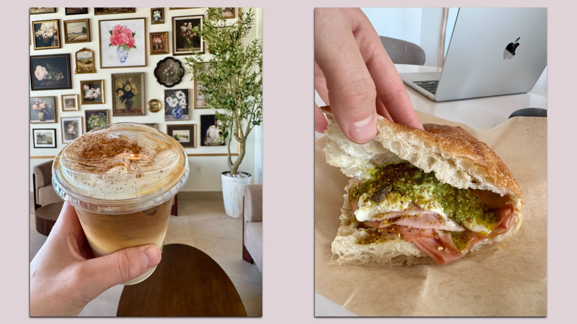 Two photos side by side: left shows a hand holding iced coffee in a cafe with a wall of framed pictures; right shows a hand tearing open a baguette sandwich with pistachio and ham.