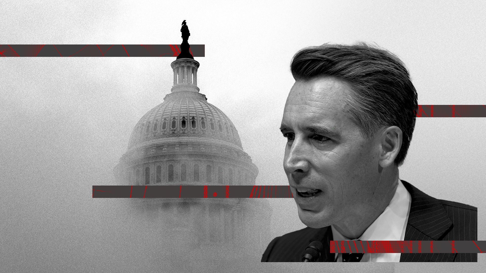 Photo illustration of Josh Hawley on a background showing fog around the Capitol dome, abstract bars and noisy texture.