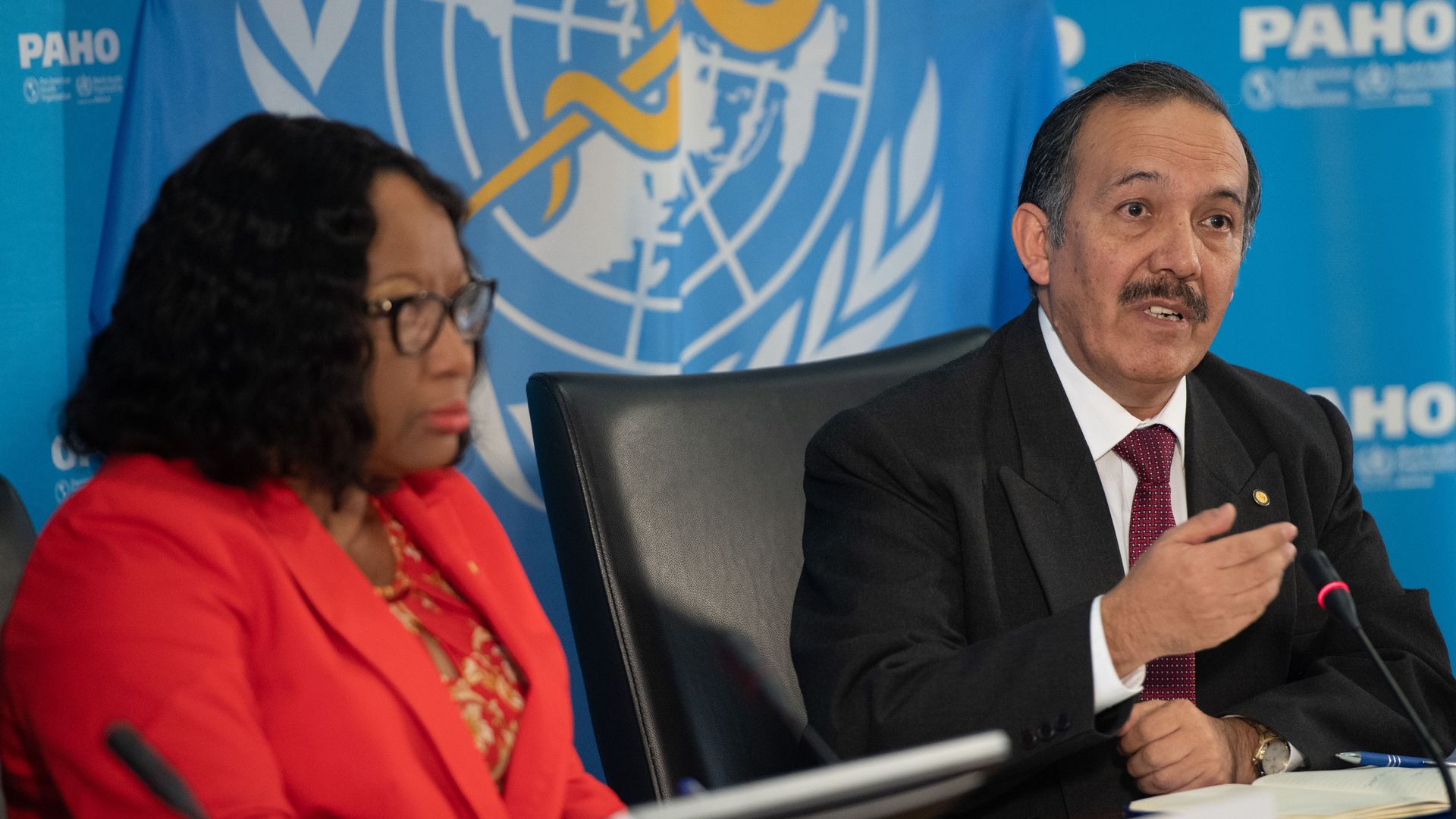 Dr. Ciro Ugarte (R), Pan American Health Organization chief, and PAHO's Dr. Carissa Etienne (L), hold a press briefing about the Coronavirus at PAHO Headquarters in Washington, DC, March 6, 2020.