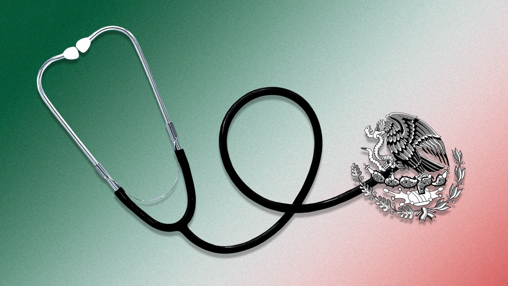 Illustration of a stethoscope with the Mexican coat of arms at the end of it, over the colors of the Mexican flag. 