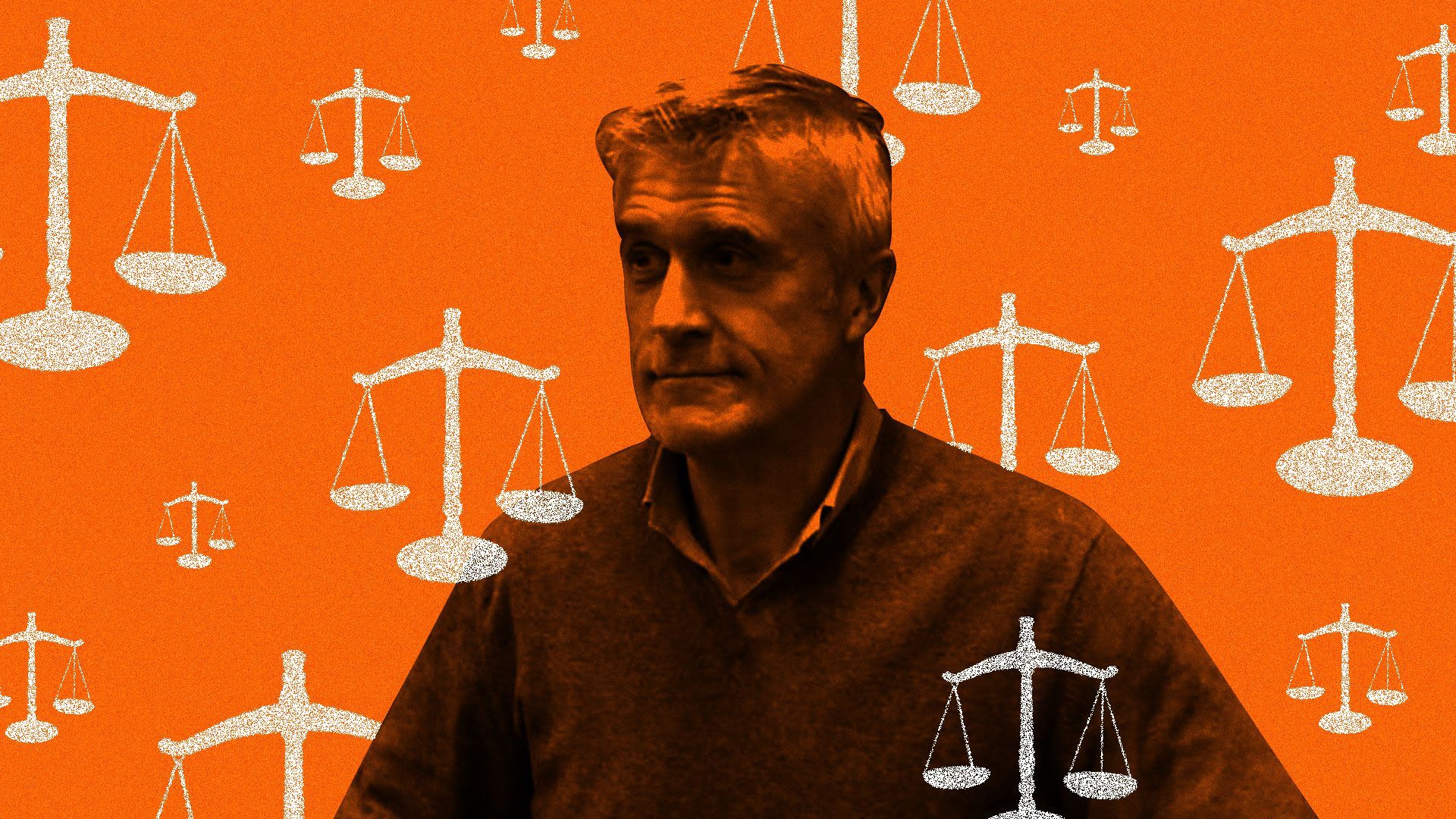 In this image, Mike Calvey stands in front of a red-orange background decorated with various scales of justice.