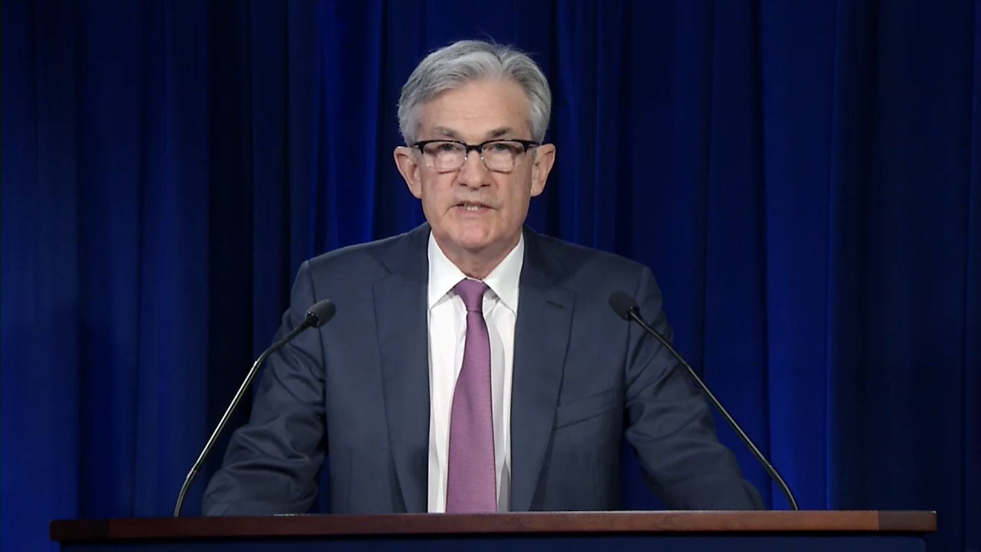 Screengrab of Federal Reserve Chair Jerome Powell issuing the Federal Open Market Committee statement on April 29, 2020