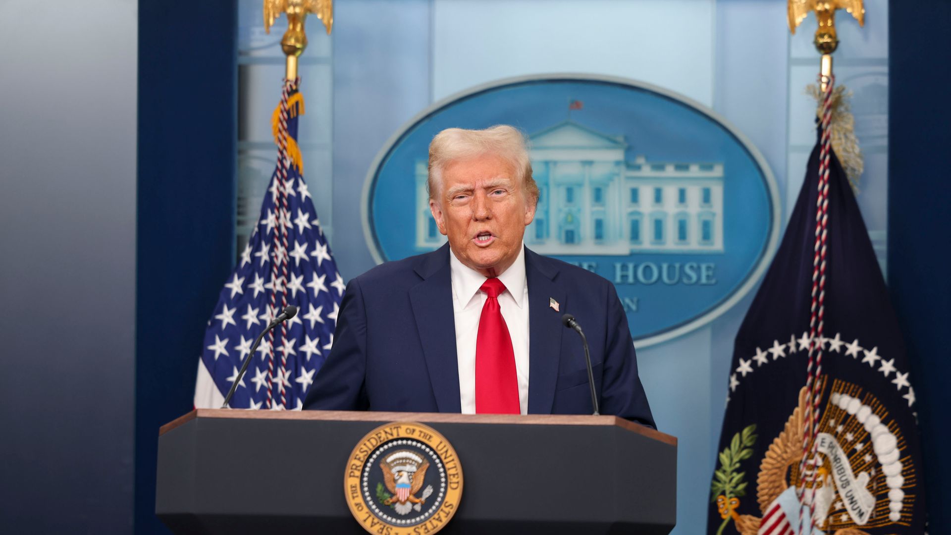 Donald Trump during a news conference in the James S. Brady Press Briefing Room of the White House in Washington, DC, US, on Thursday, Jan. 30,