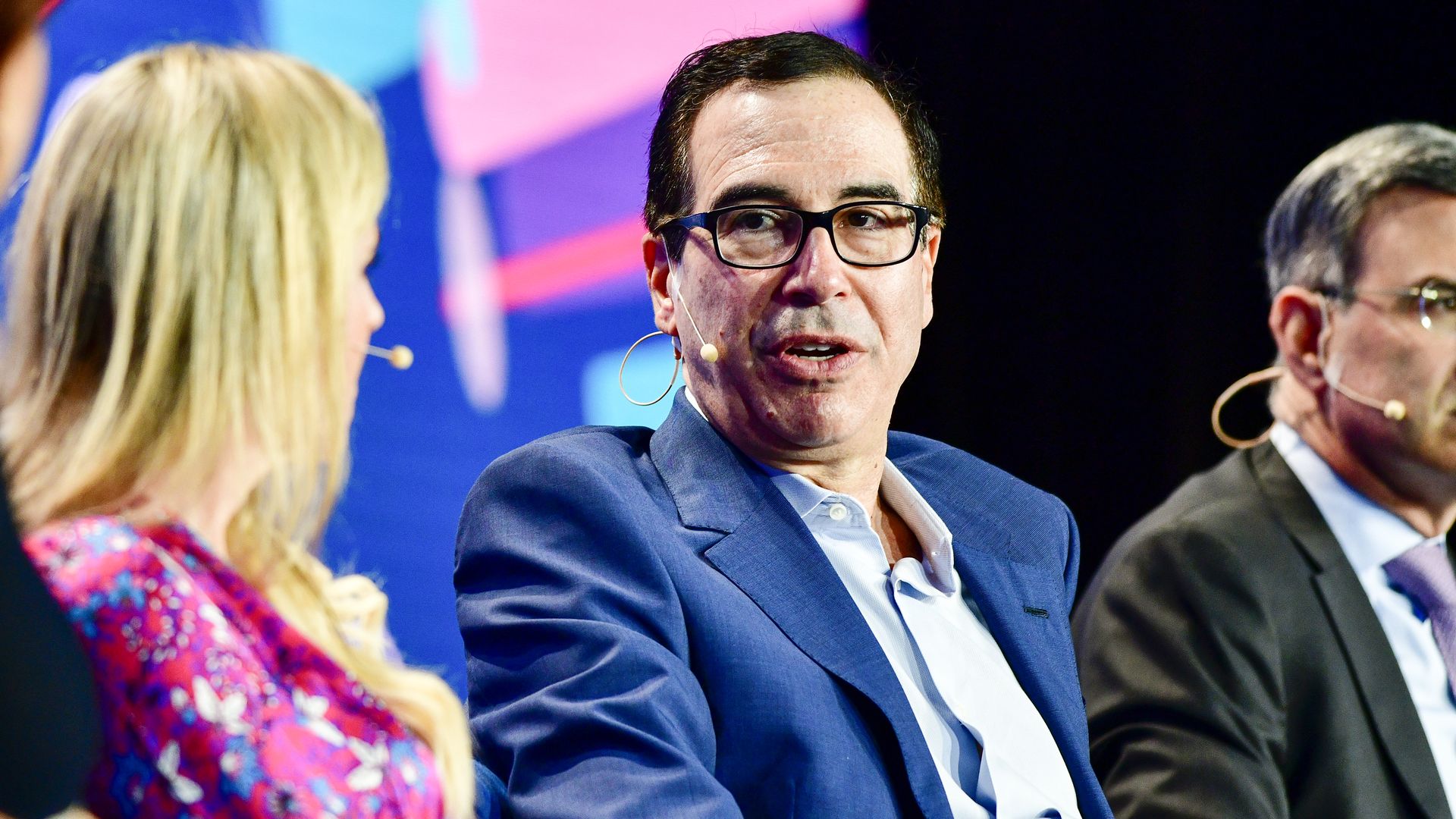 (L-R) Elizabeth Burton, 77th US Secretary of Treasury Steven T. Mnuchin and Peter Orszag attend the 2023 Milken Institute Global Conference at The Beverly Hilton on May 02, 2023 in Beverly Hills, California.