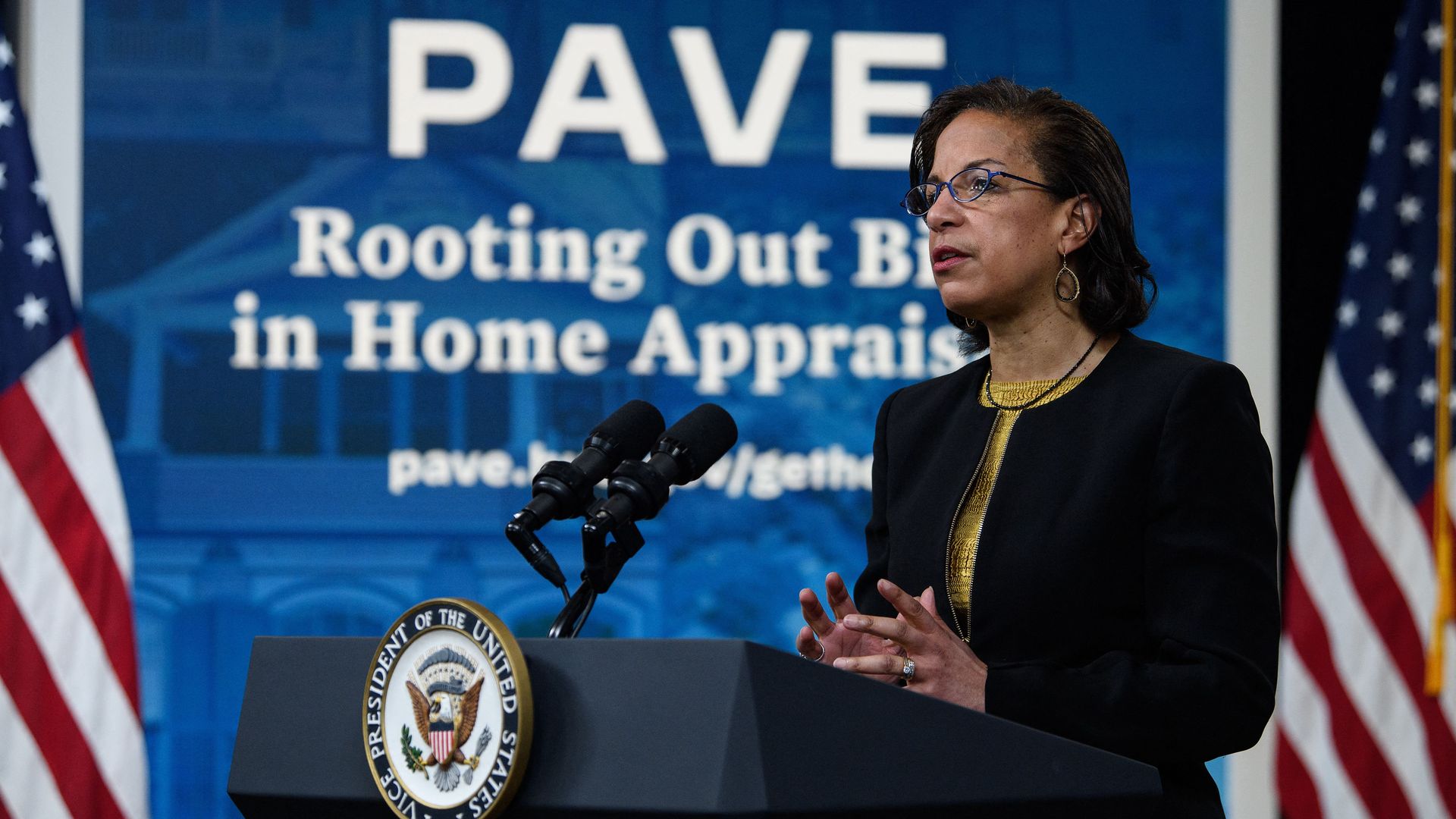 Susan Rice, Director of the US Domestic Policy Council, speaks during the rollout of the Property Appraisals and Valuation Equity (PAVE) task force to combat racial and ethnic bias in property valuations at the White House in Washington, DC, on March 23, 2022. 