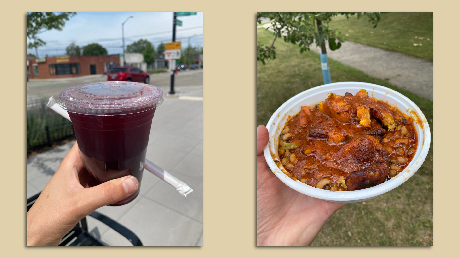 Two images show a burgundy-colored juice and a bowl of stew.