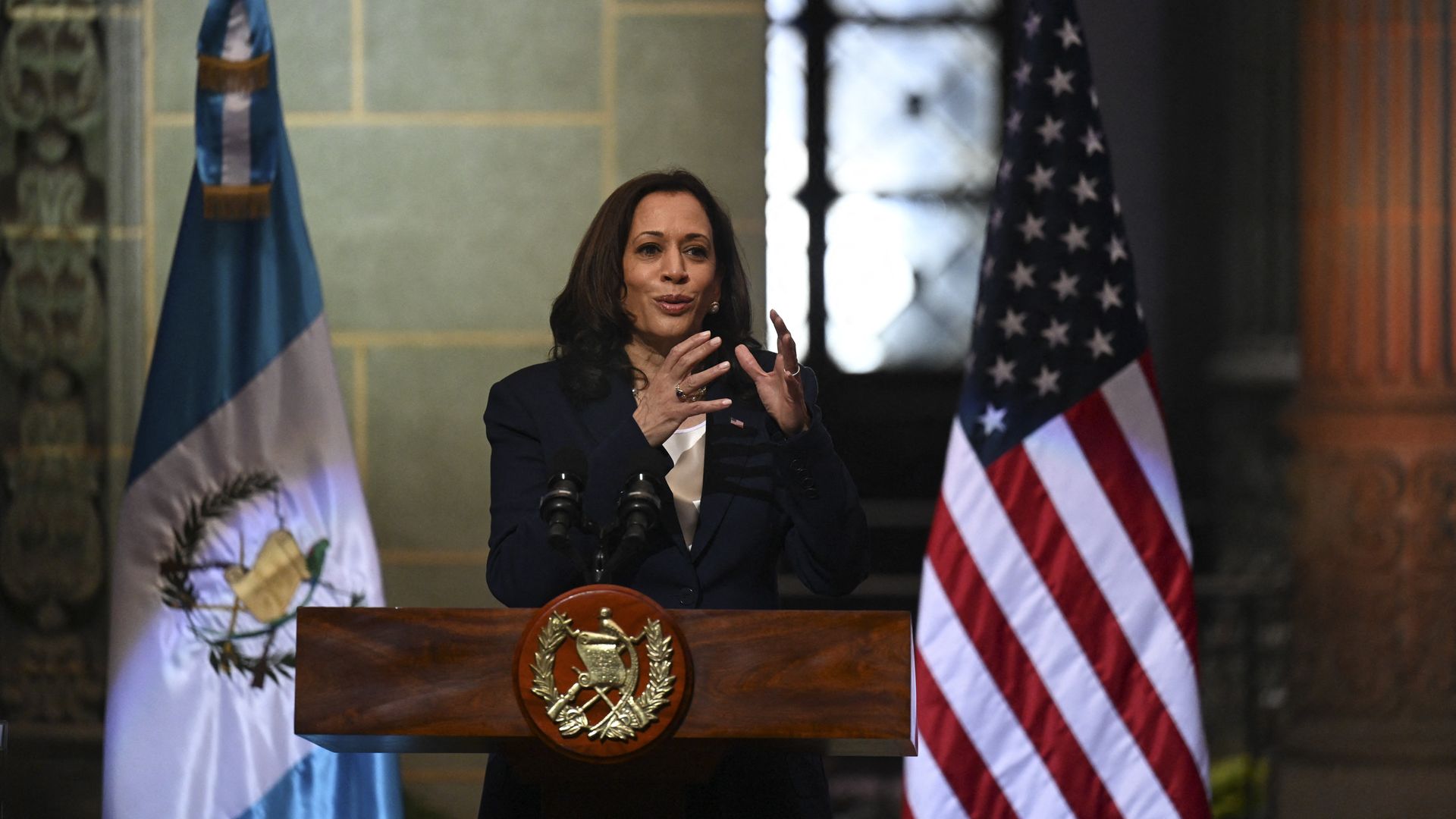 Kamala Harris speaks during a joint press conference with Guatemalan President Alejandro Giammattei