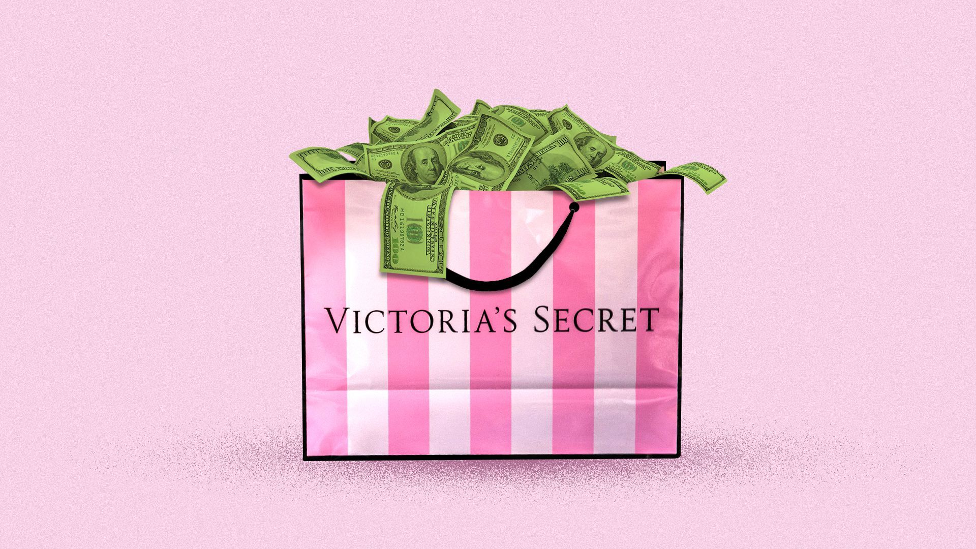 Illustration of a Victoria Secret shopping bag full of money.  