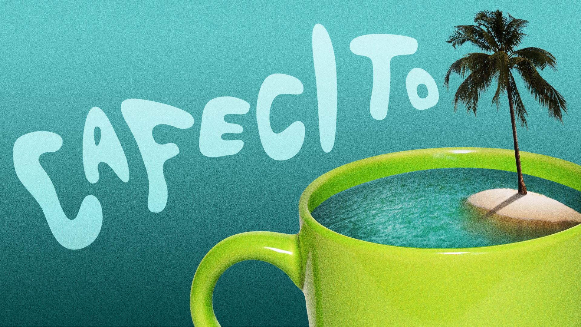 Illustration of an island inside a coffee mug. 