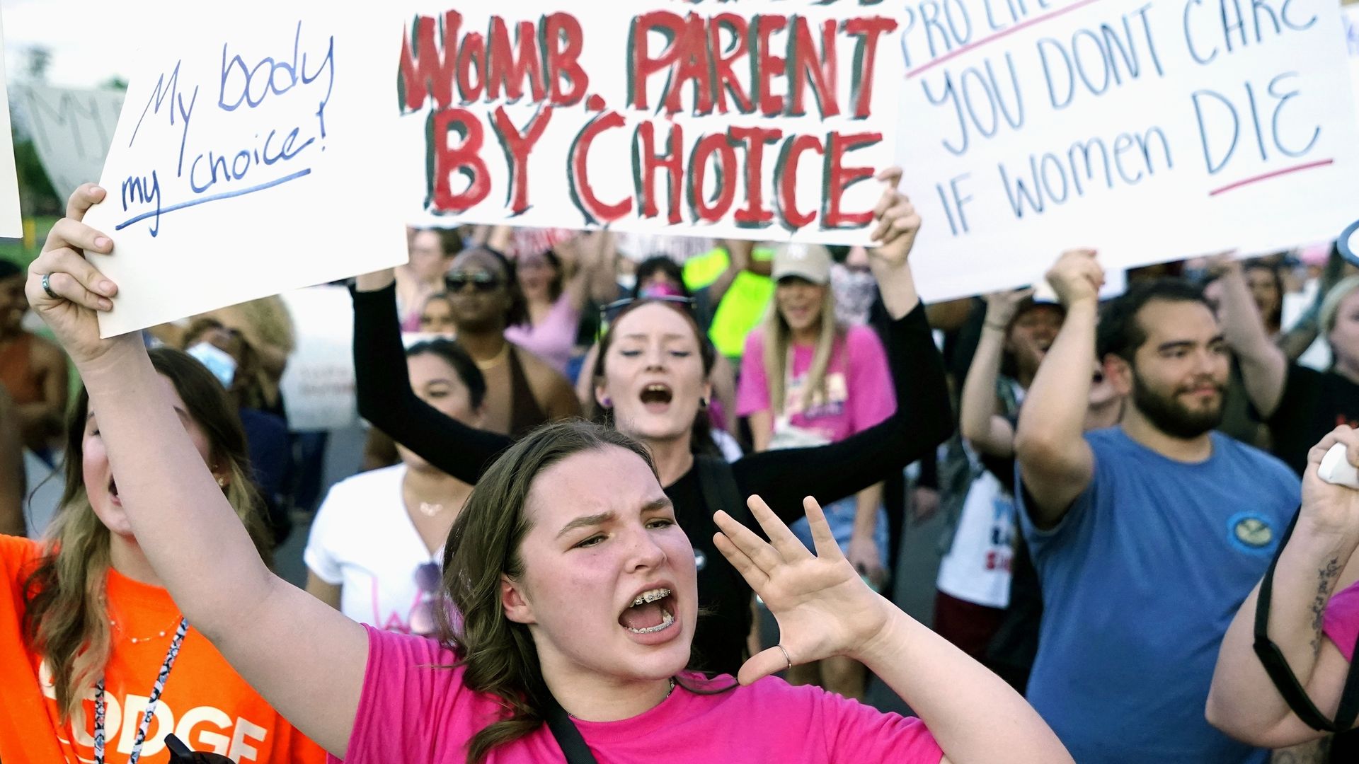 Protesters holding pro-choice signs and shouting.