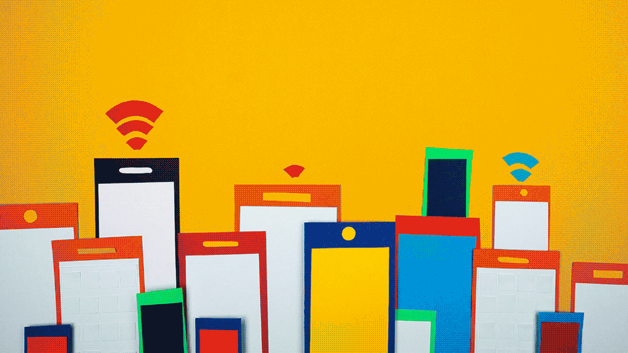 Colorful cell phones with cellular network bars and clouds