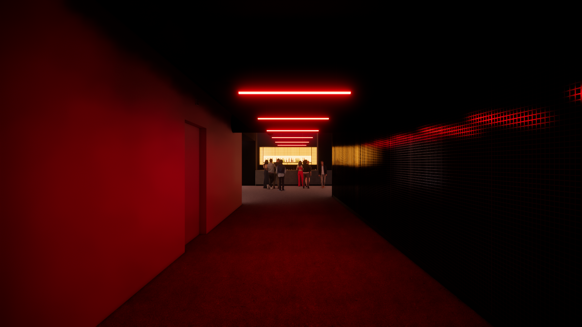 Dimly lit hallway with red walls and ceiling lights leading to a bar where people gather, featuring black tiled wall reflecting the red lights.