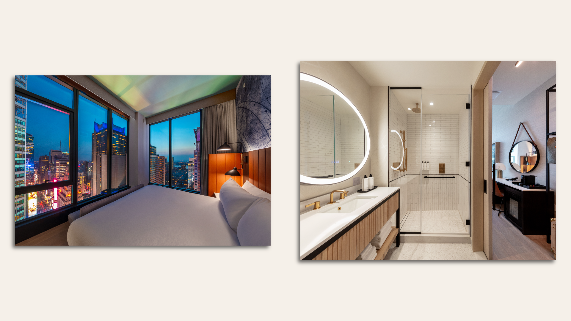 At left, a view of the interior of the "ball drop room" at the Tempo by Hilton Times Square; at right, a sample bathroom from the same hotel. 