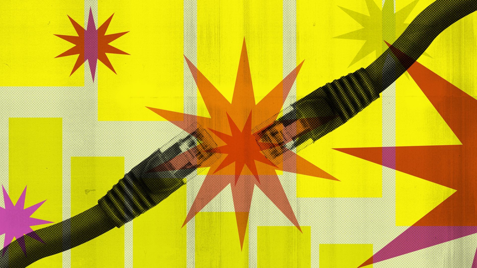 Illustration of two ethernet cables with abstract wifi bars and starbursts.