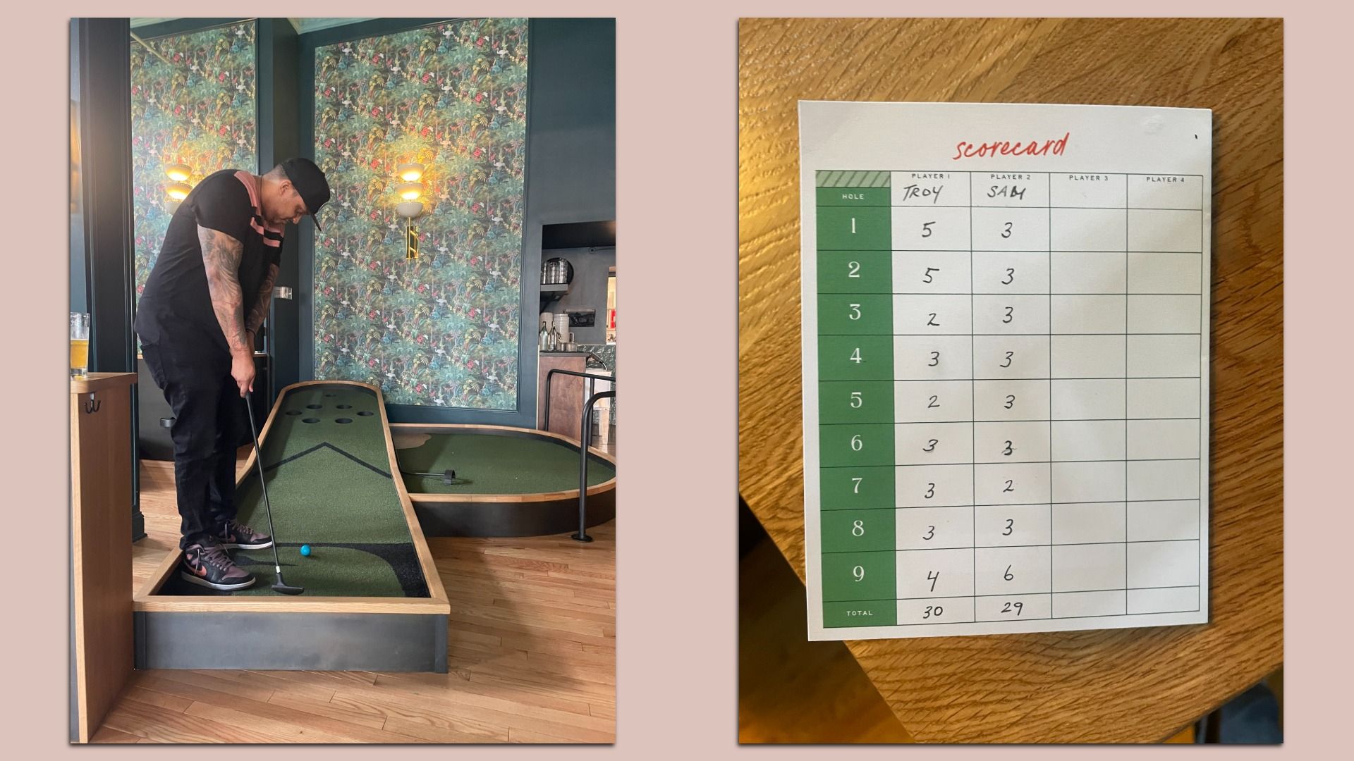 Side by side images of Troy Smith playing putt putt indoors (L) and scorecard (R) 