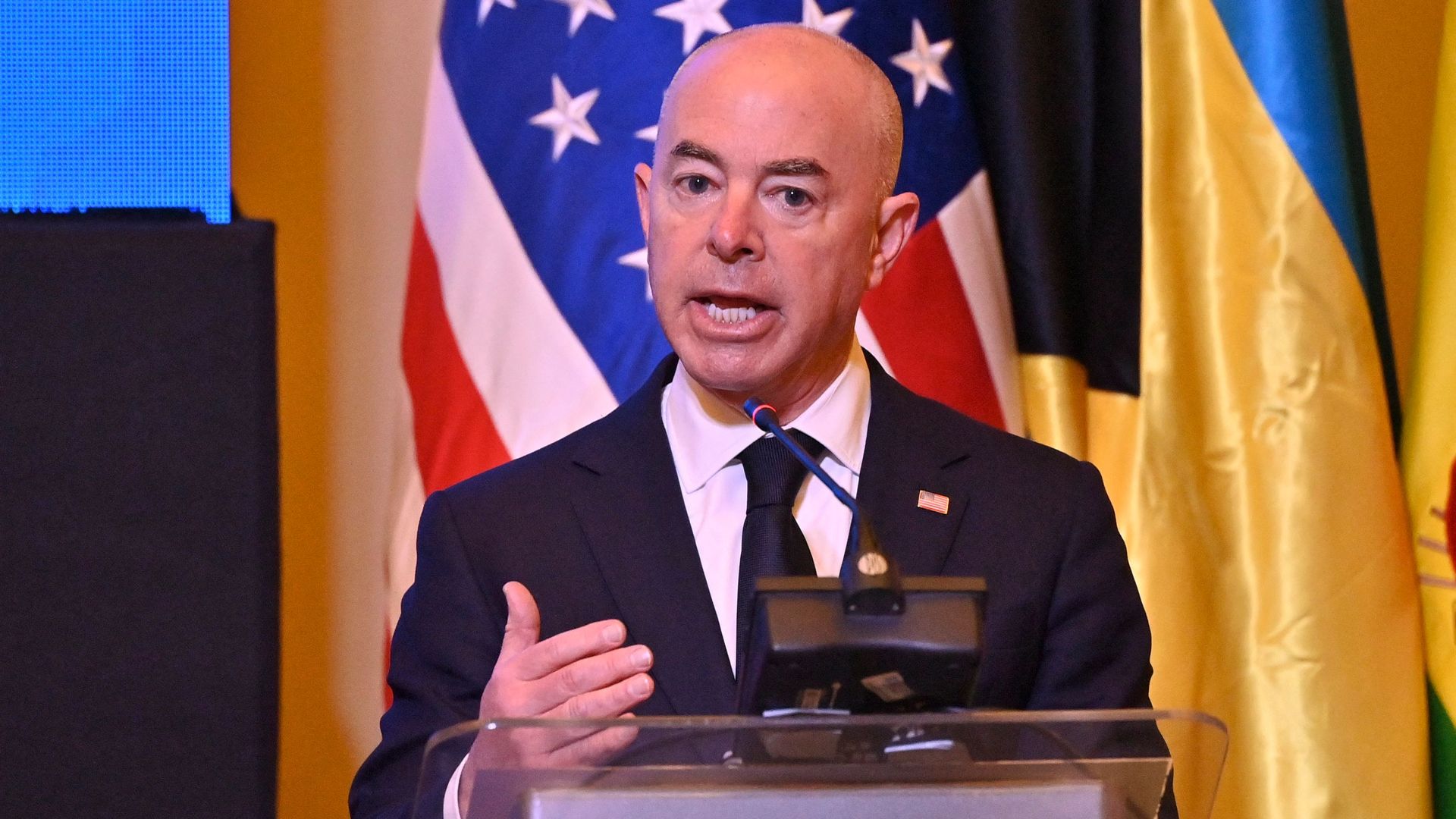 Homeland Security Secretary Alejandro Mayorkas is seen speaking in Panama.