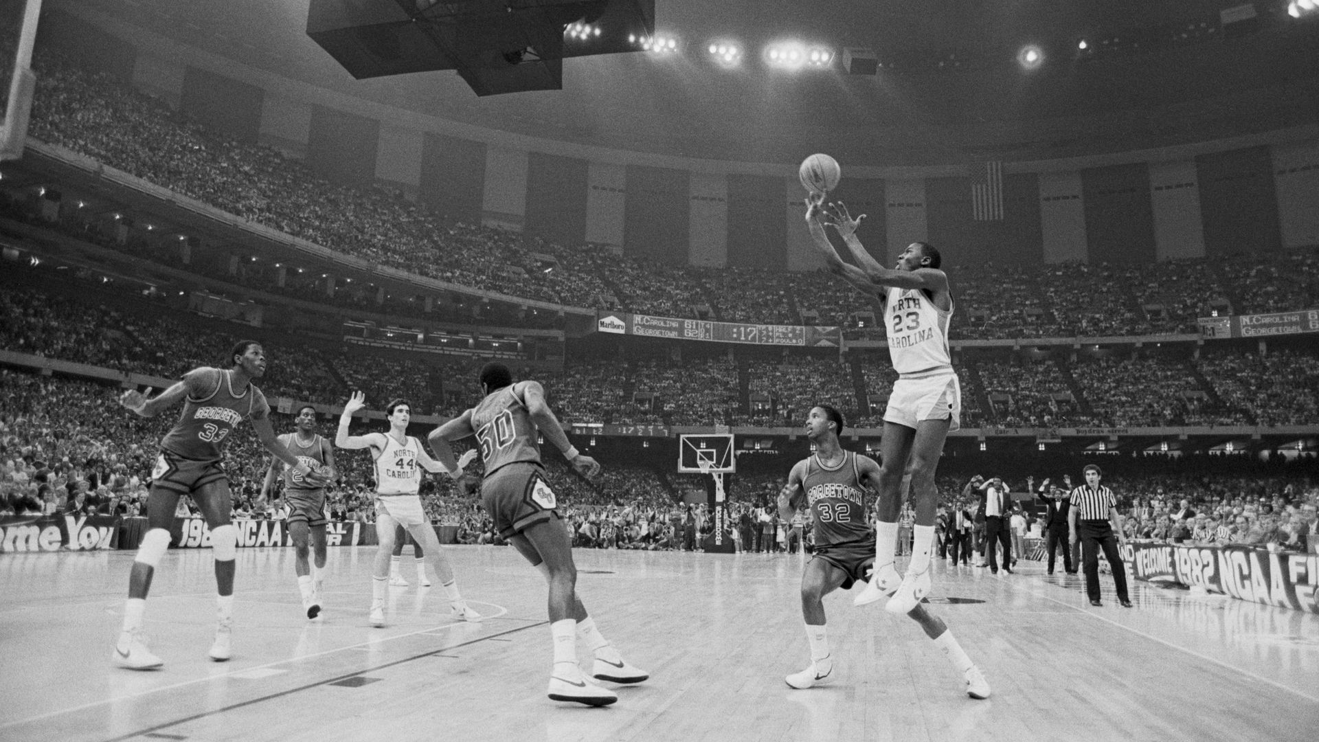 University of North Carolina basketball player Michael Jordan shoots the winning basket in the 1982 NCAA Finals against Georgetown University.
