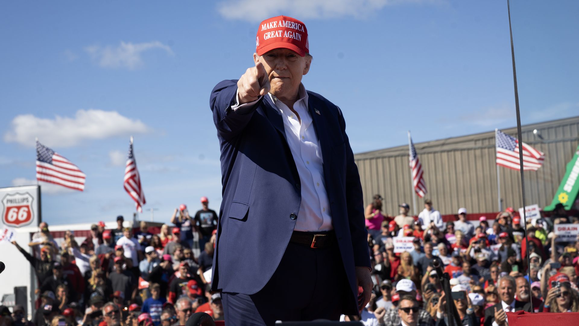 Republican presidential nominee former President Donald Trump departs a campaign event at the Central Wisconsin Airport on September 07, 2024 in Mosinee, Wisconsin. 