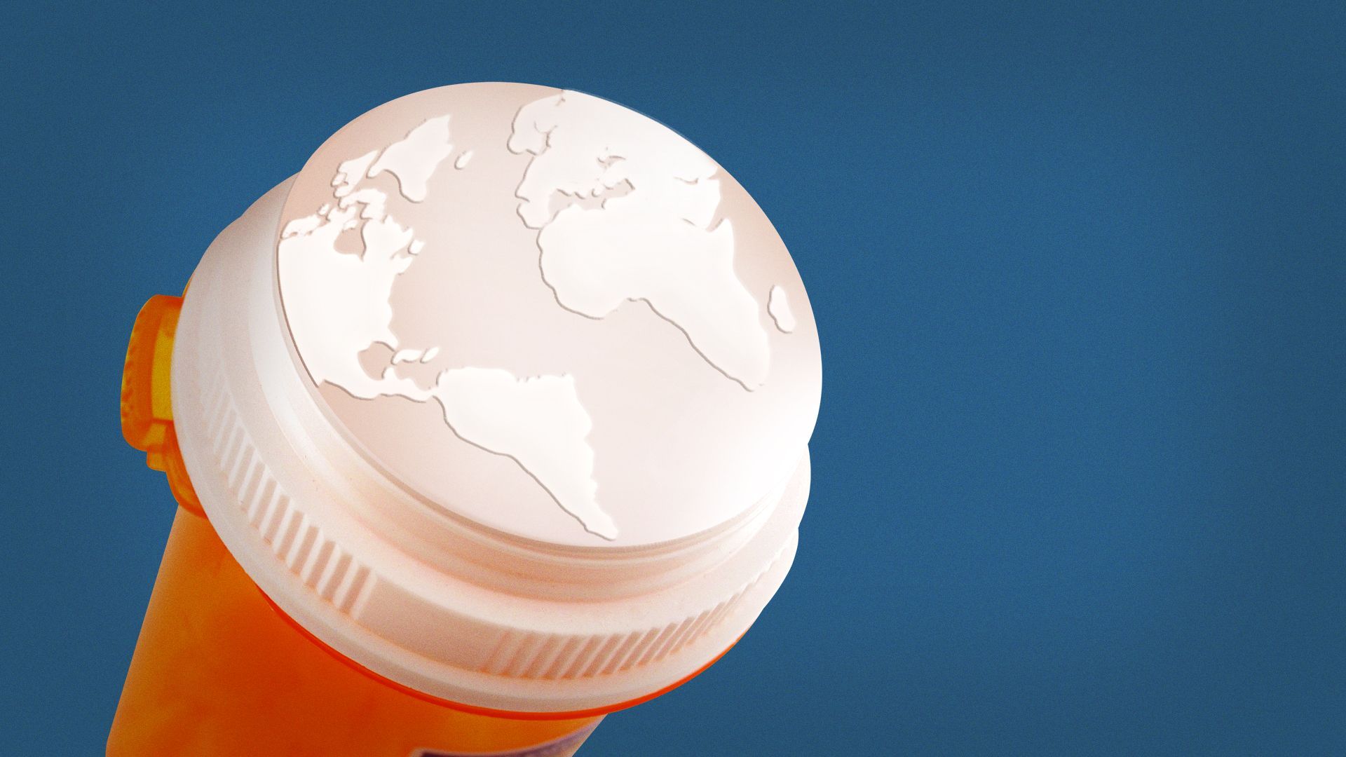 Illustration of a prescription pill bottle with a map of the world on the lid.