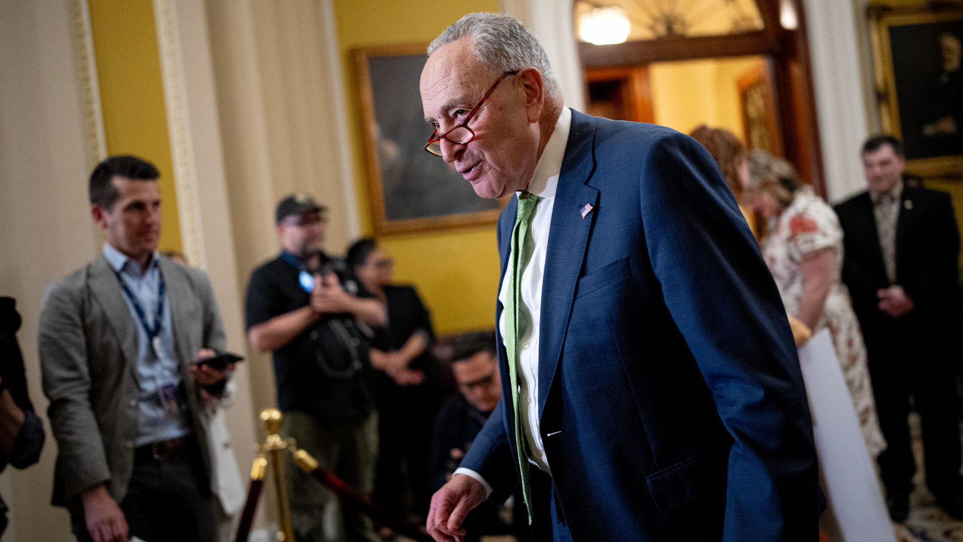 Senate Majority Leader Chuck Schumer (D-NY) arrives for a news conference following a Senate Democratic policy luncheon on Capitol Hill on May 15, 2024 in Washington, DC.
