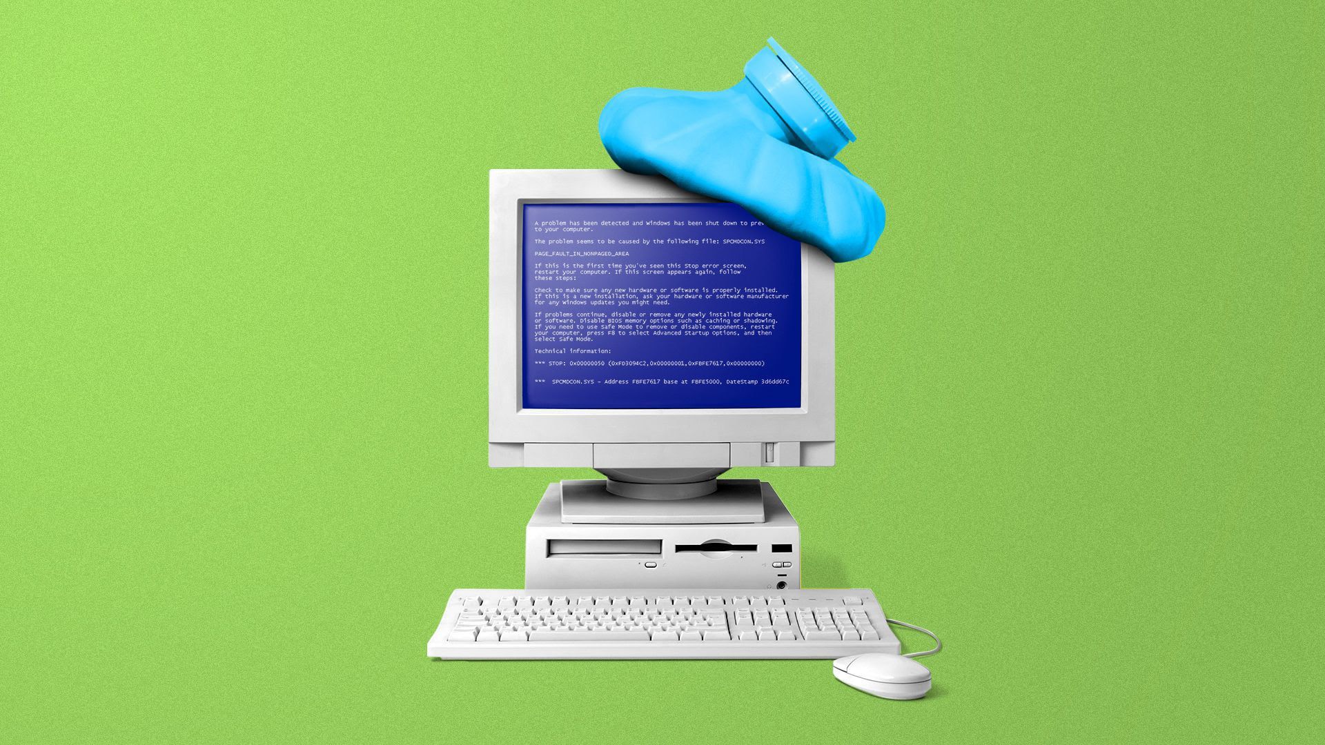 Illustration of a computer with a ice pack on it. 