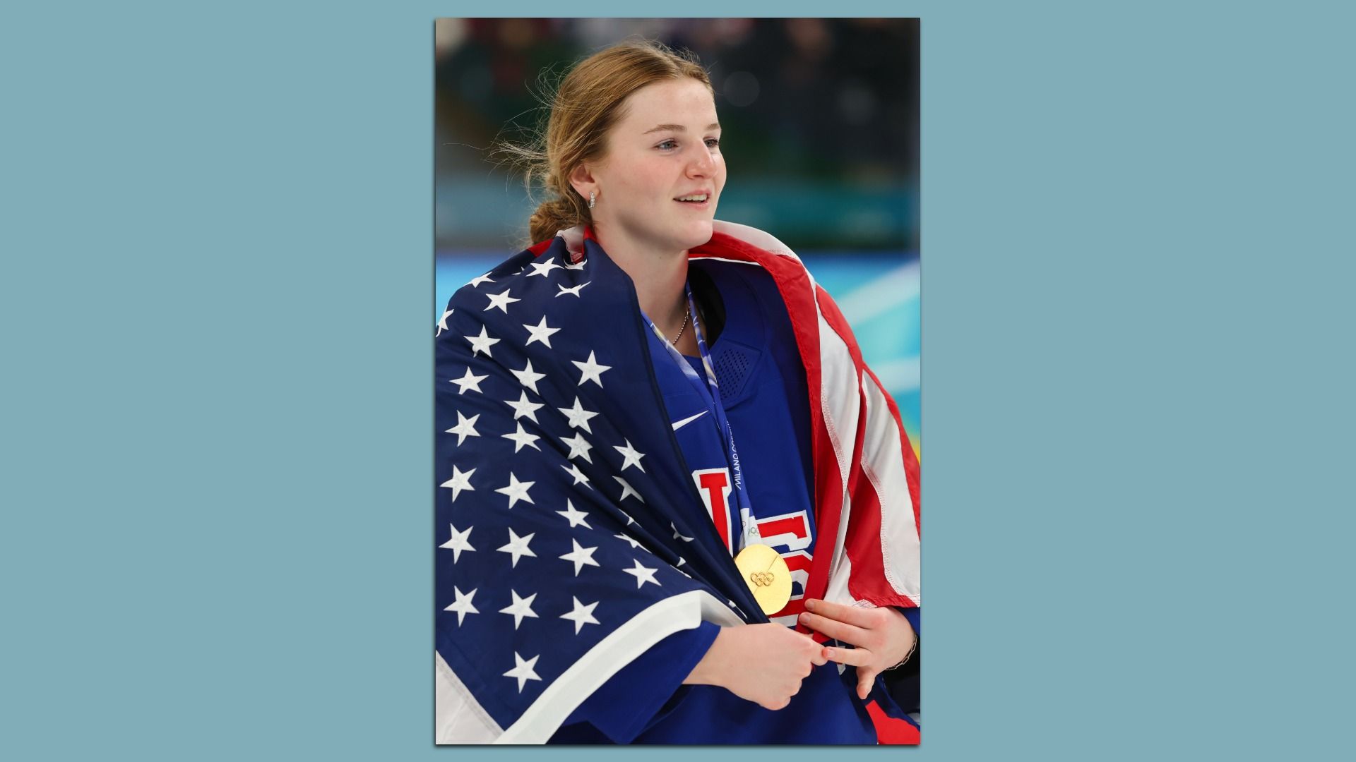 Gold medalist Ava McNaughton #30 of Team United States celebrates after the medal ceremony for the Ice Hockey Women following the Women's Gold Medal match between the United States and Canada. (Photo by Gregory Shamus/Getty Images)