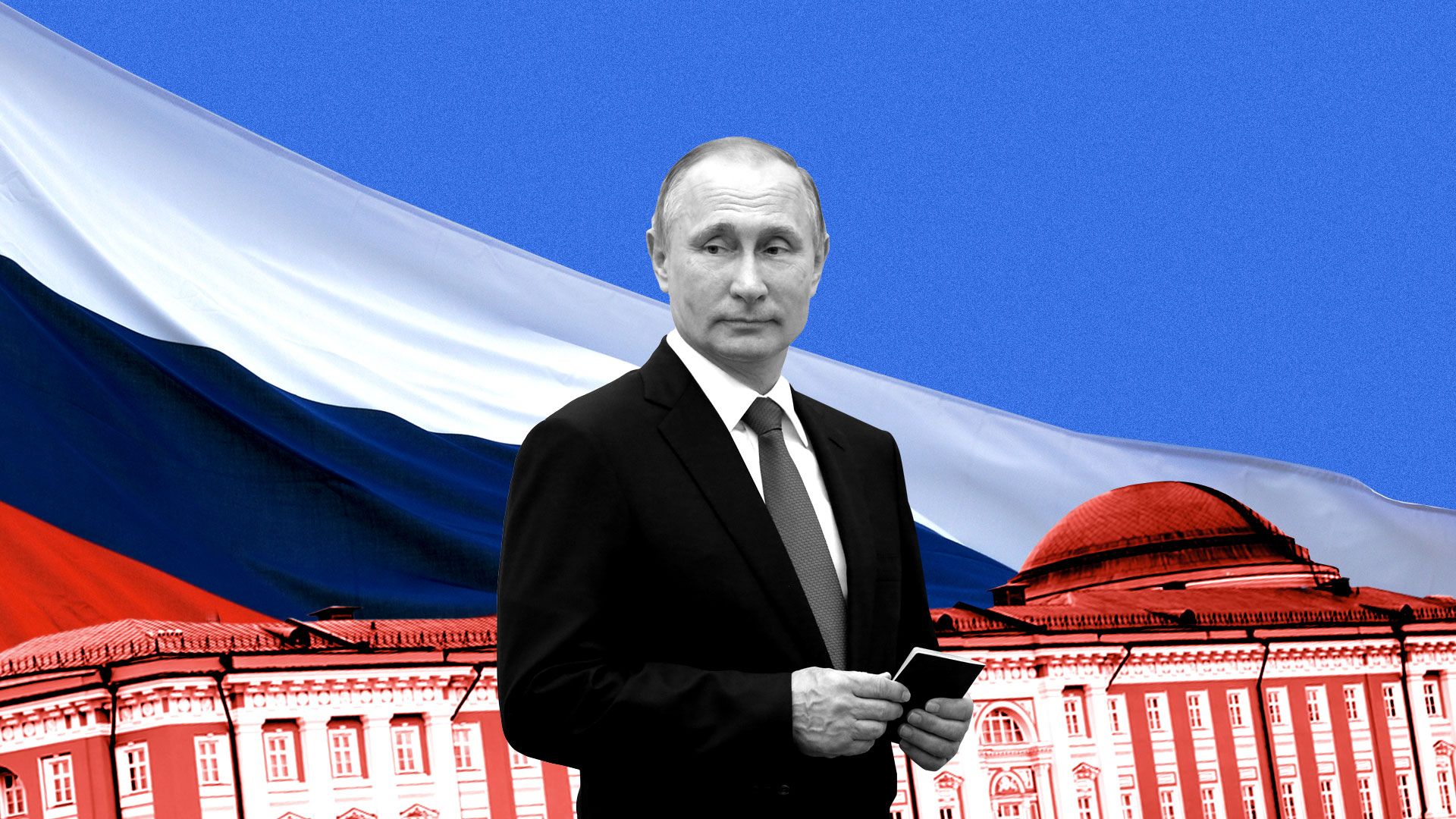 Photo illustration of Vladimir Putin with the Kremlin Senate and Russian flag behind him.