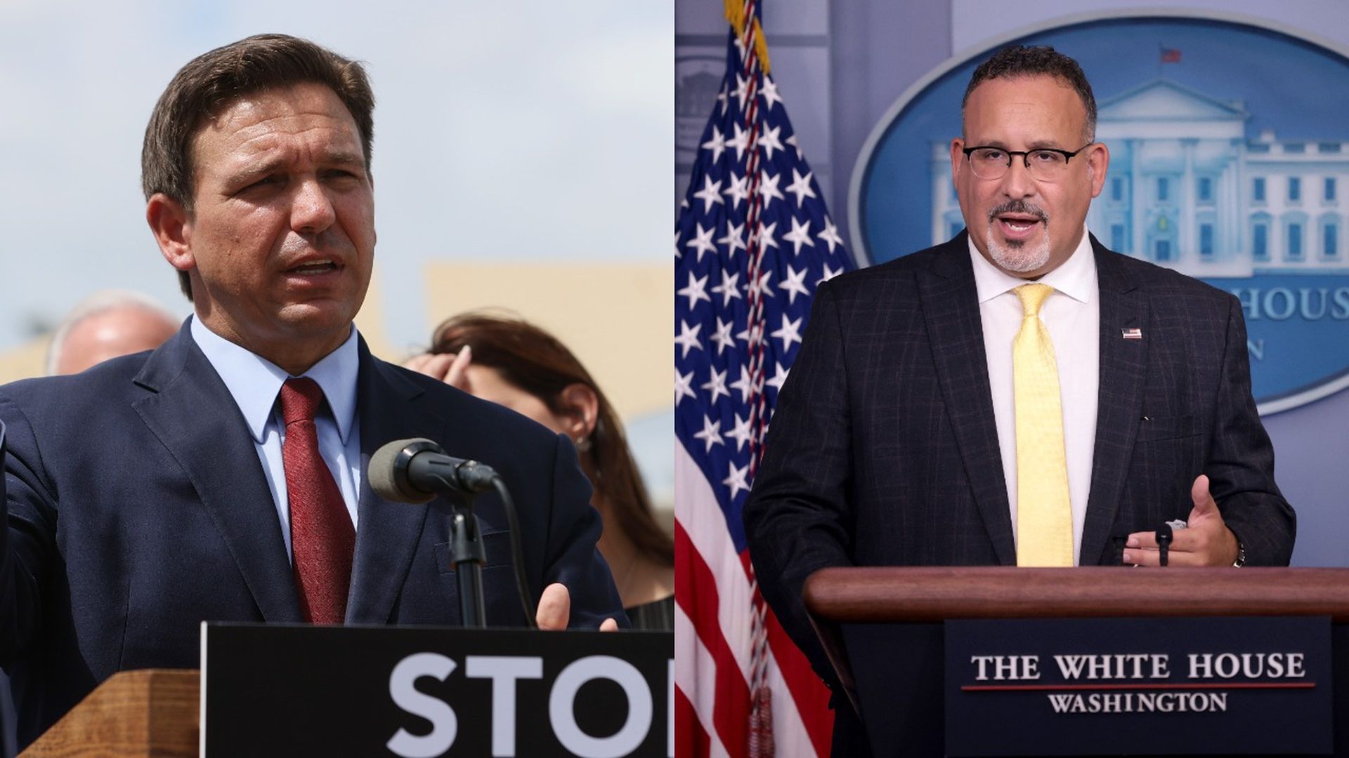 Photo of Ron DeSantis speaking from a podium on the left and Miguel Cardona speaking from a podium on the right
