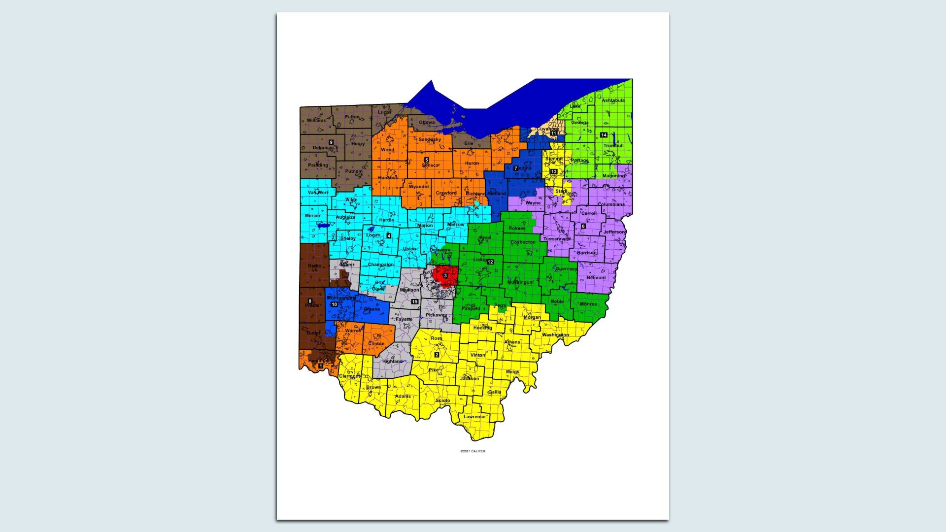Colored map of Ohio divided into 15 numbered districts, each in different colors including yellow, green, purple, blue, orange, brown, red, and gray, showing county borders and names.