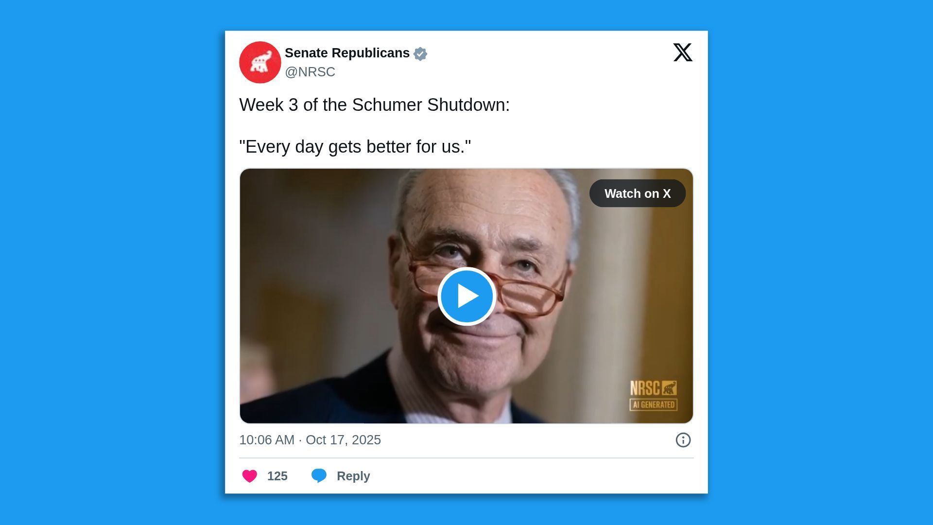 Screenshot of a tweet from NRSC with a video thumbnail showing a smiling Chuck Schumer. The tweet quotes, 'Every day gets better for us.'