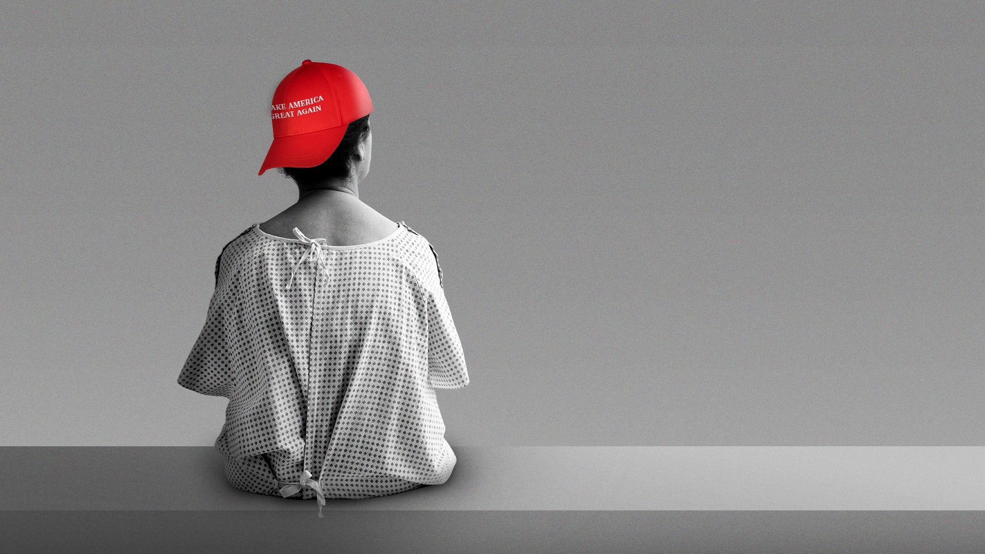 Illustration of a patient wearing a hospital gown and a "Make America Great Again" hat.