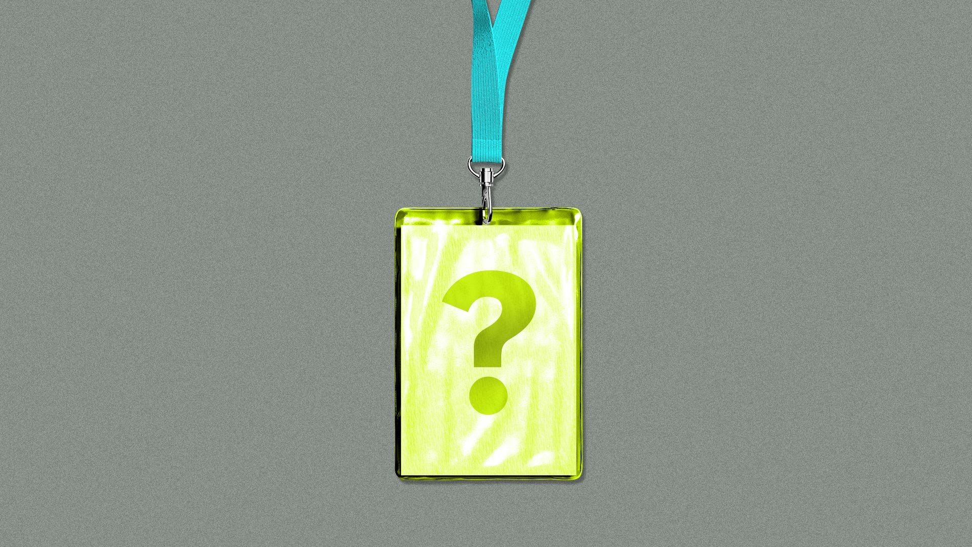 Lanyard with a yellow badge that has a question mark on it
