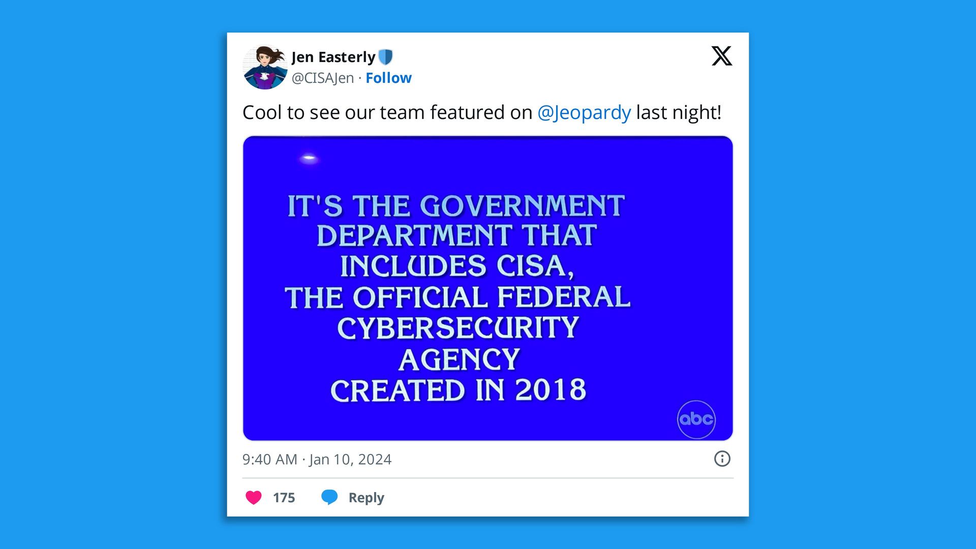 Screenshot of a tweet from CISA Director Jen Easterly about a Jeopardy answer mentioning her agency