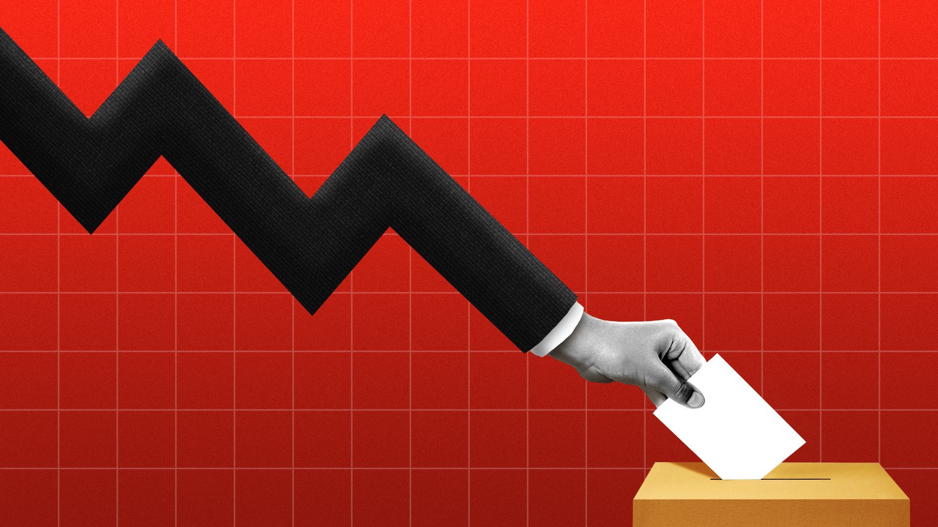 Illustration of an arm going in a downward trend line casting a ballot 