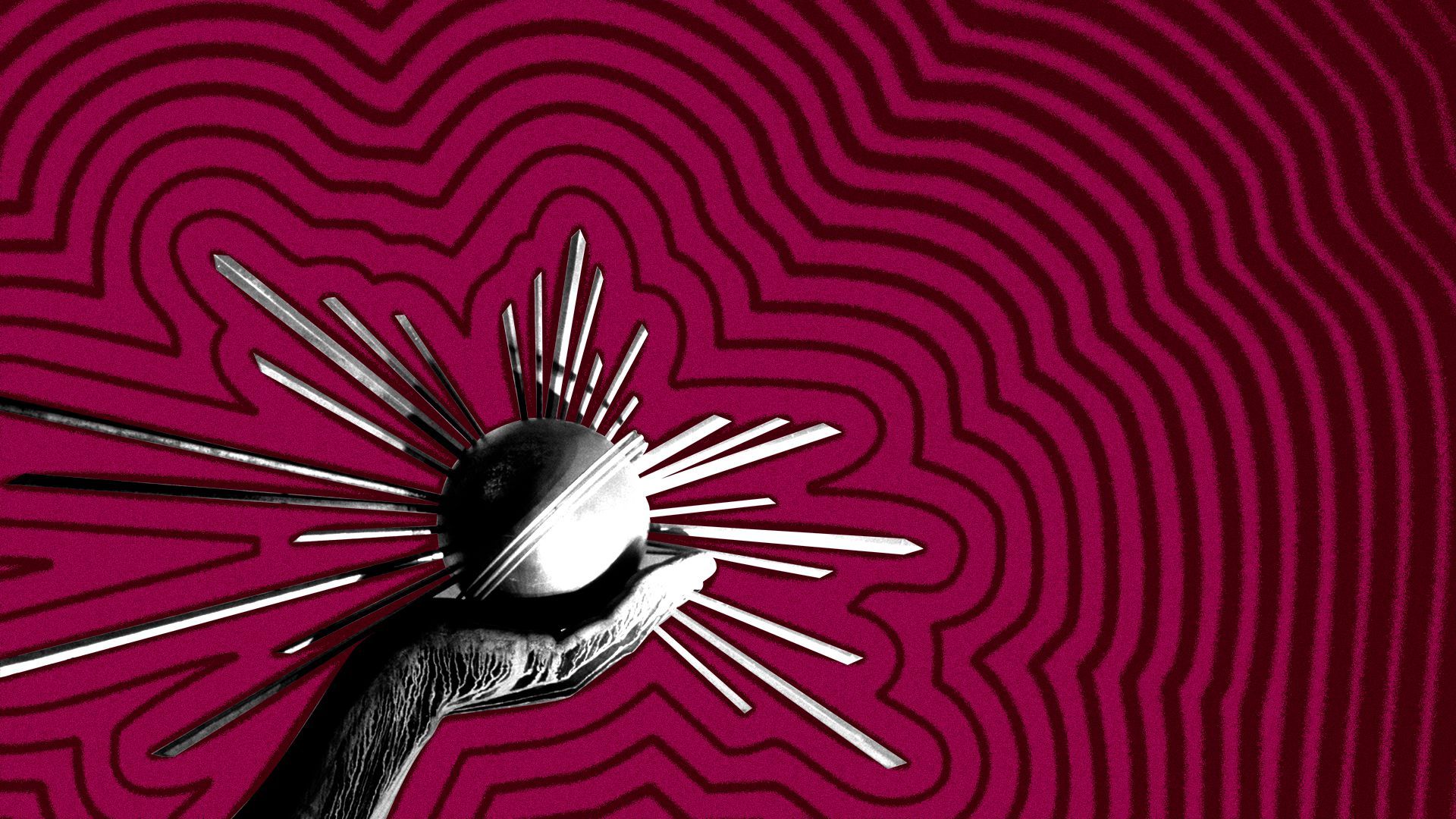 Illustration of the Spirit of Detroit Statue outside the Coleman A. Young Municipal Center, in Detroit, with lines radiating from it. 