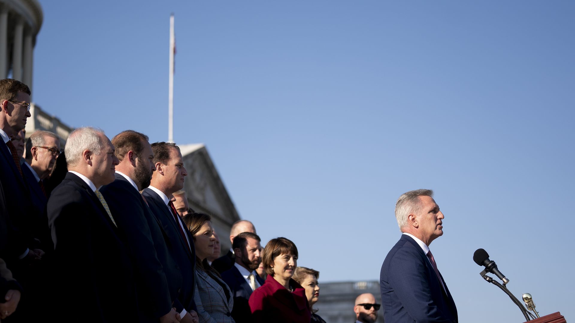 House Minority Leader Kevin McCarthy is seen speaking on the Capitol steps.