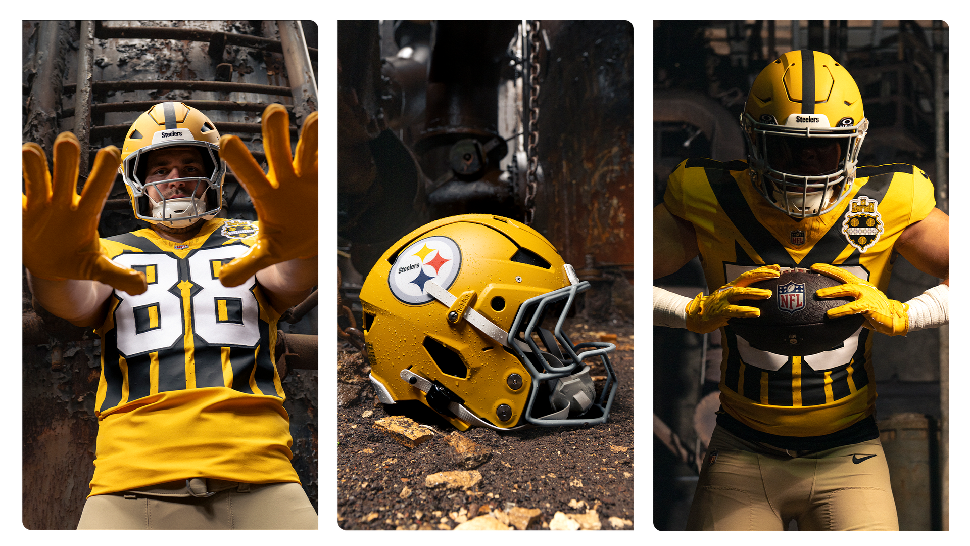 Three images: Left, player in yellow Steelers helmet, gloves, and jersey #88 reaching forward; center, yellow Steelers helmet on ground; right, player in yellow Steelers uniform holding NFL football.
